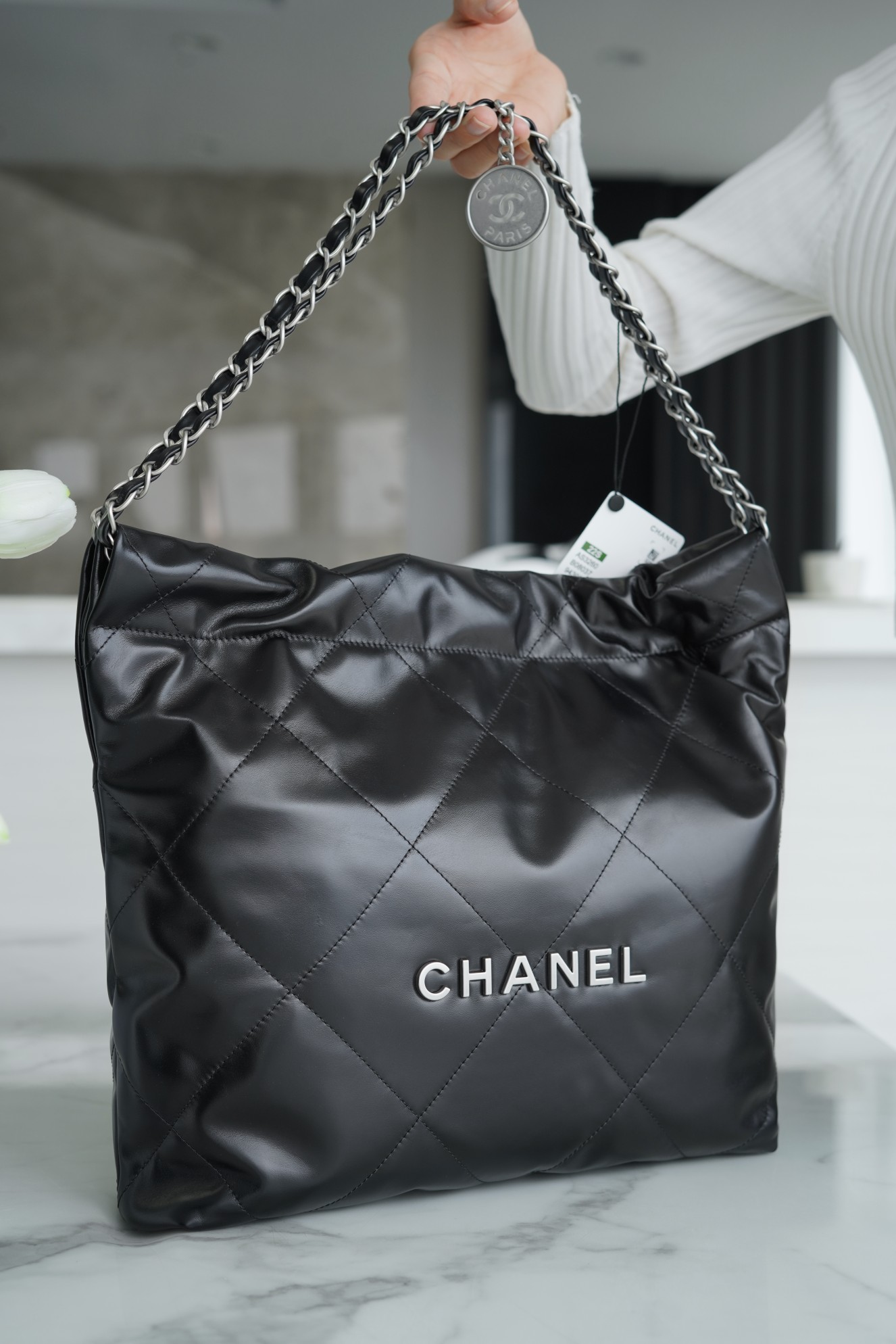 Chanel 22P Spring/Summer New 22 Bag, Small, Black, Silver Hardware  