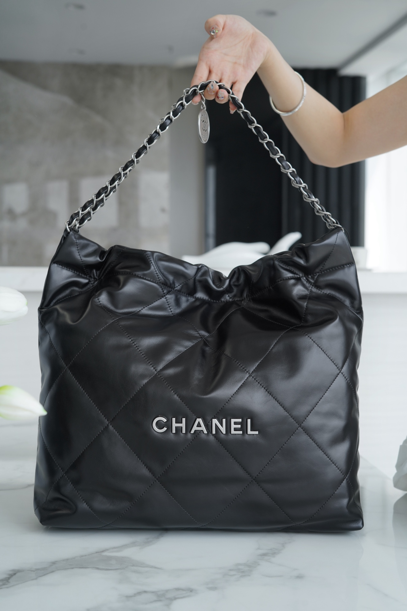 Chanel 22P Bag, Black, Silver Hardware, Medium  