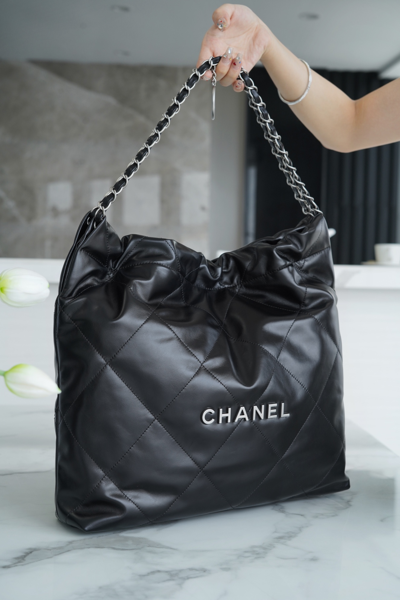 Chanel 22P Bag, Black, Silver Hardware, Medium  