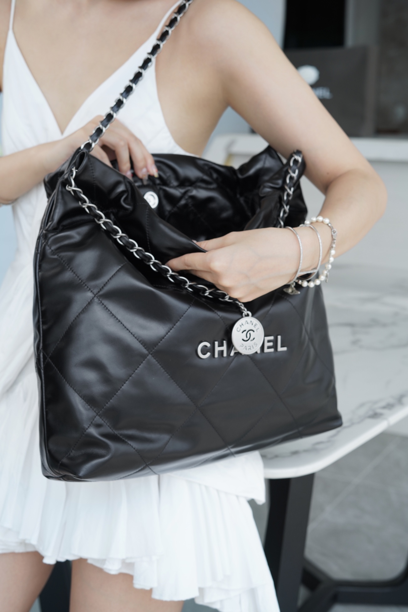 Chanel 22P Bag, Black, Silver Hardware, Medium  