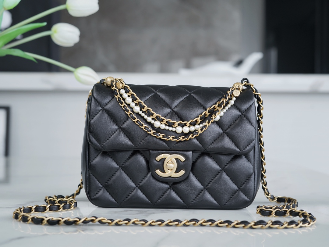 Chanel 24P Pearl Chain, Large Square Bag, Black  