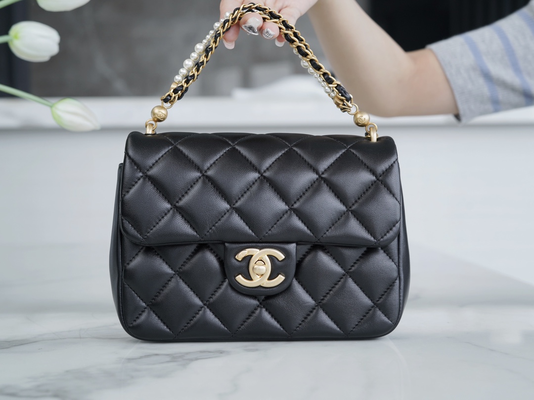 Chanel 24P Pearl Chain, Large Square Bag, Black  