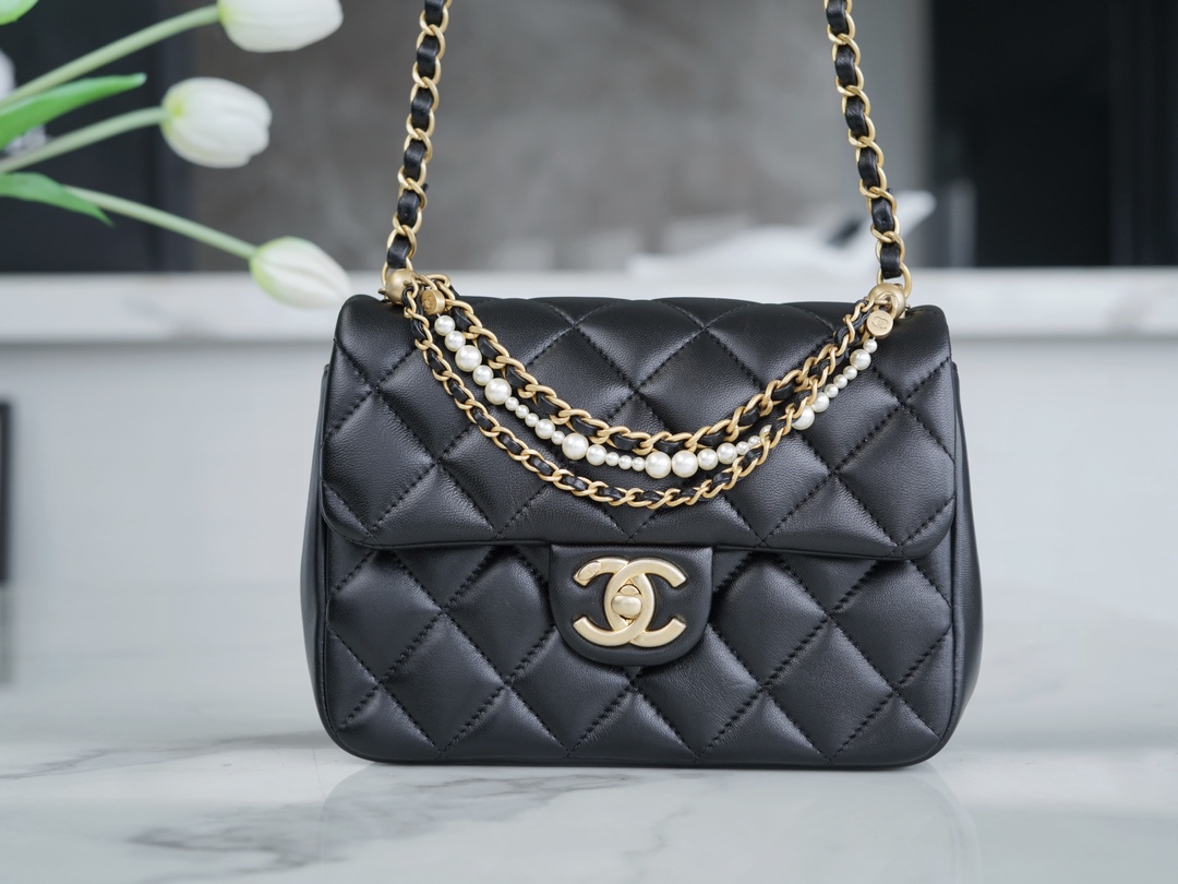 Chanel 24P Pearl Chain, Large Square Bag, Black  