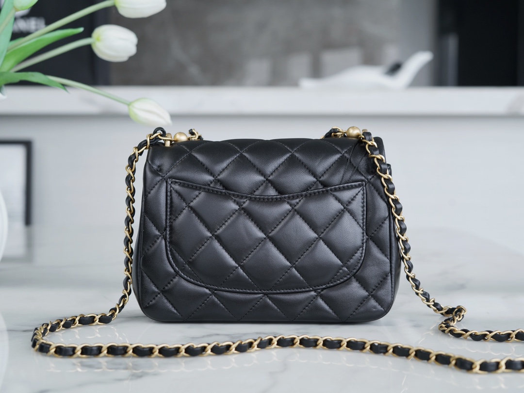 Chanel 24P Pearl Chain, Large Square Bag, Black  