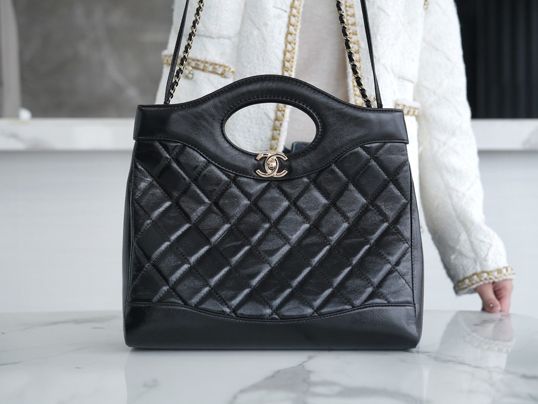 Chanel 24S 31 Bag Small Black Oiled Waxed Creased Lambskin  