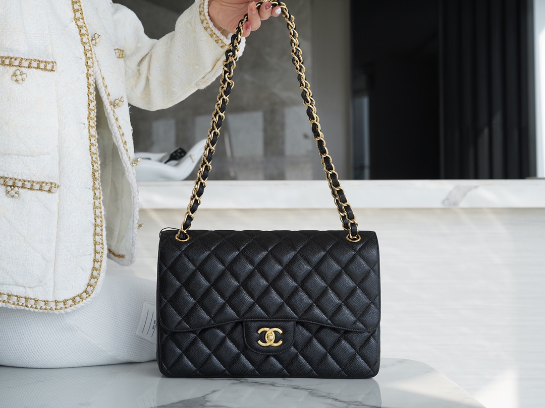 CF Classic Flap Jumbo Caviar Calfskin Black & Gold  