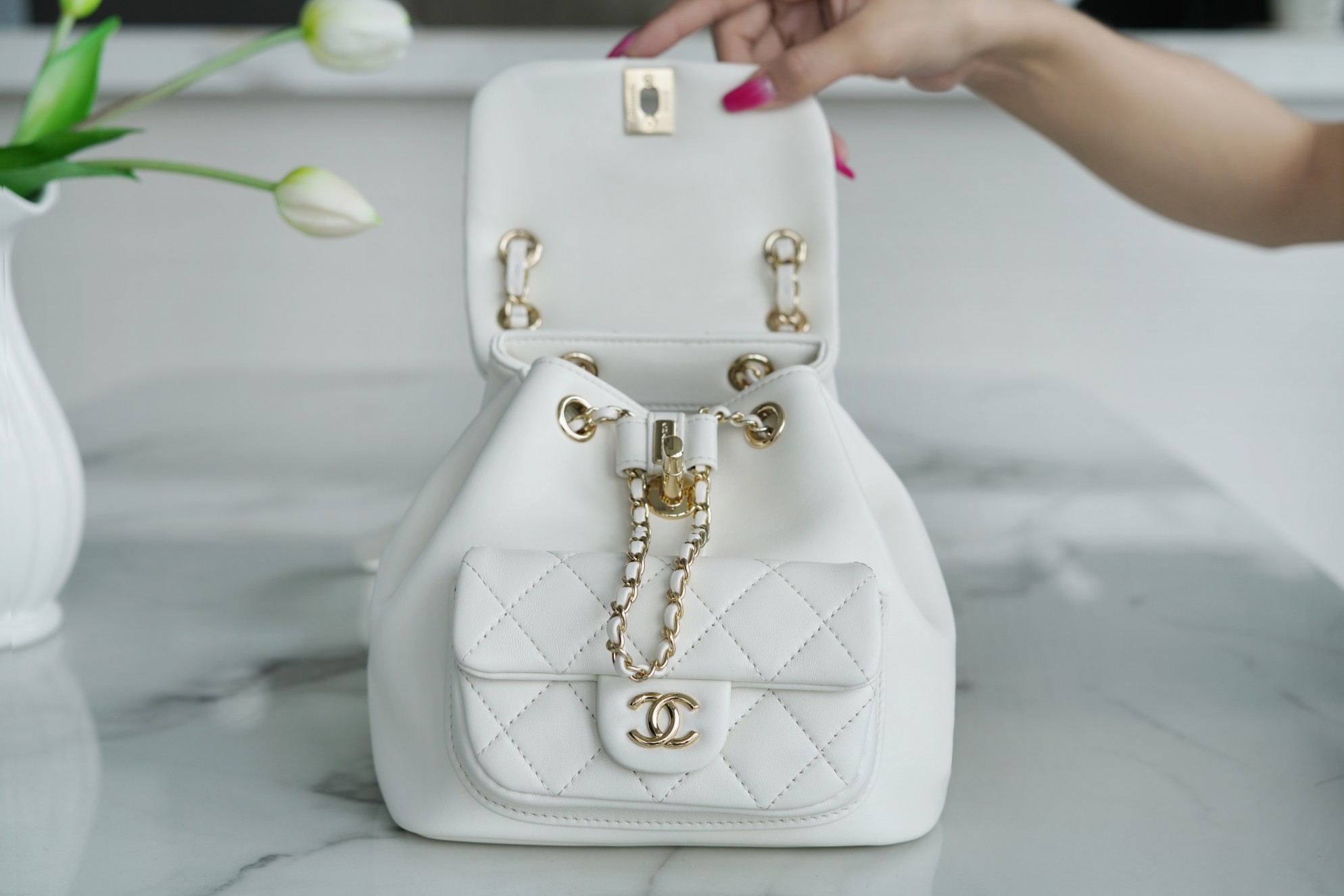 CHANEL✦ 22A New Duma Backpack Lambskin White  