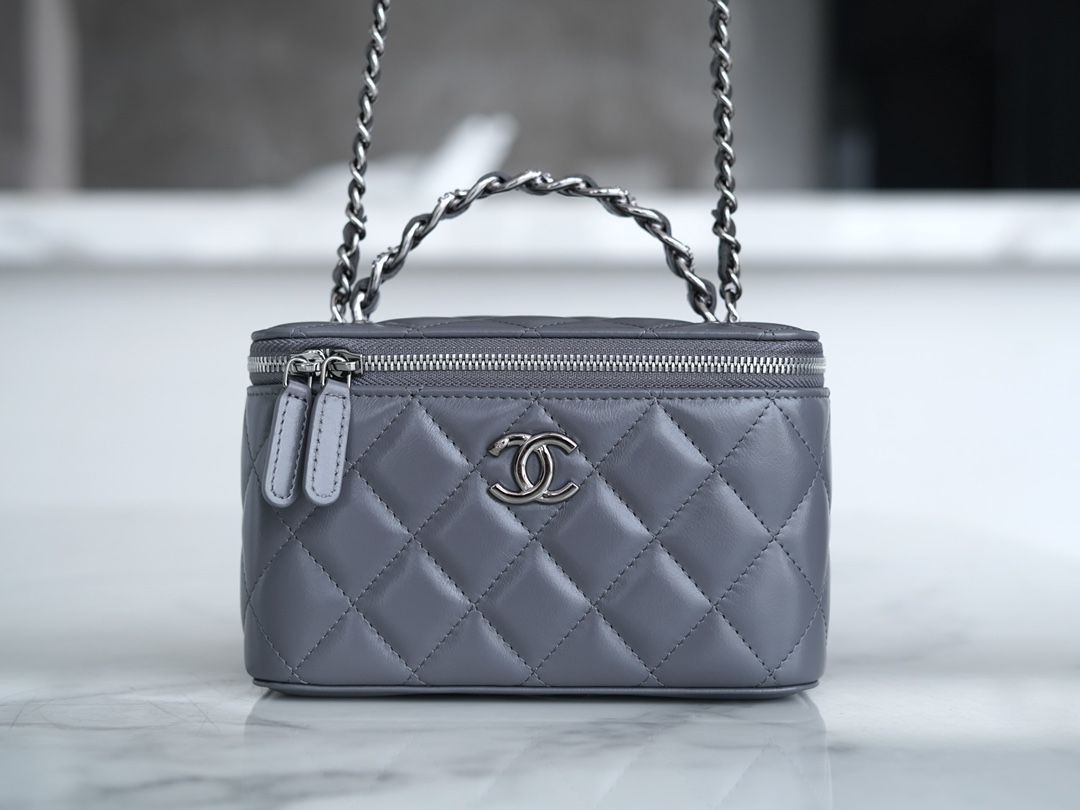 CHANEL 23K Rhinestone Handle Long Box Deep Grey Lambskin  