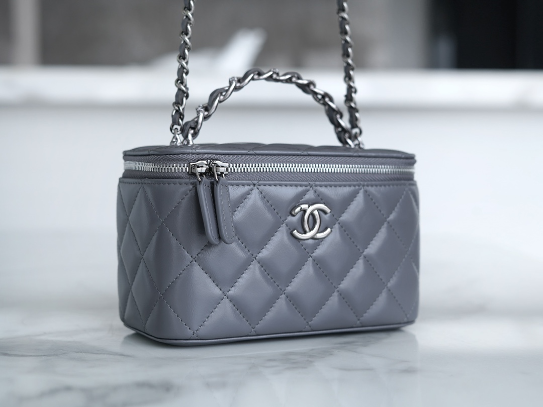 CHANEL 23K Rhinestone Handle Long Box Deep Grey Lambskin  