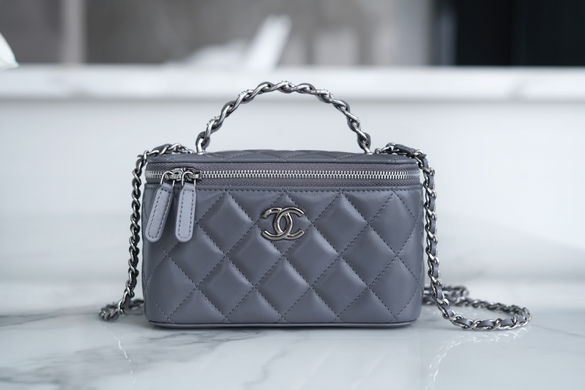 CHANEL 23K Rhinestone Handle Long Box Deep Grey Lambskin  