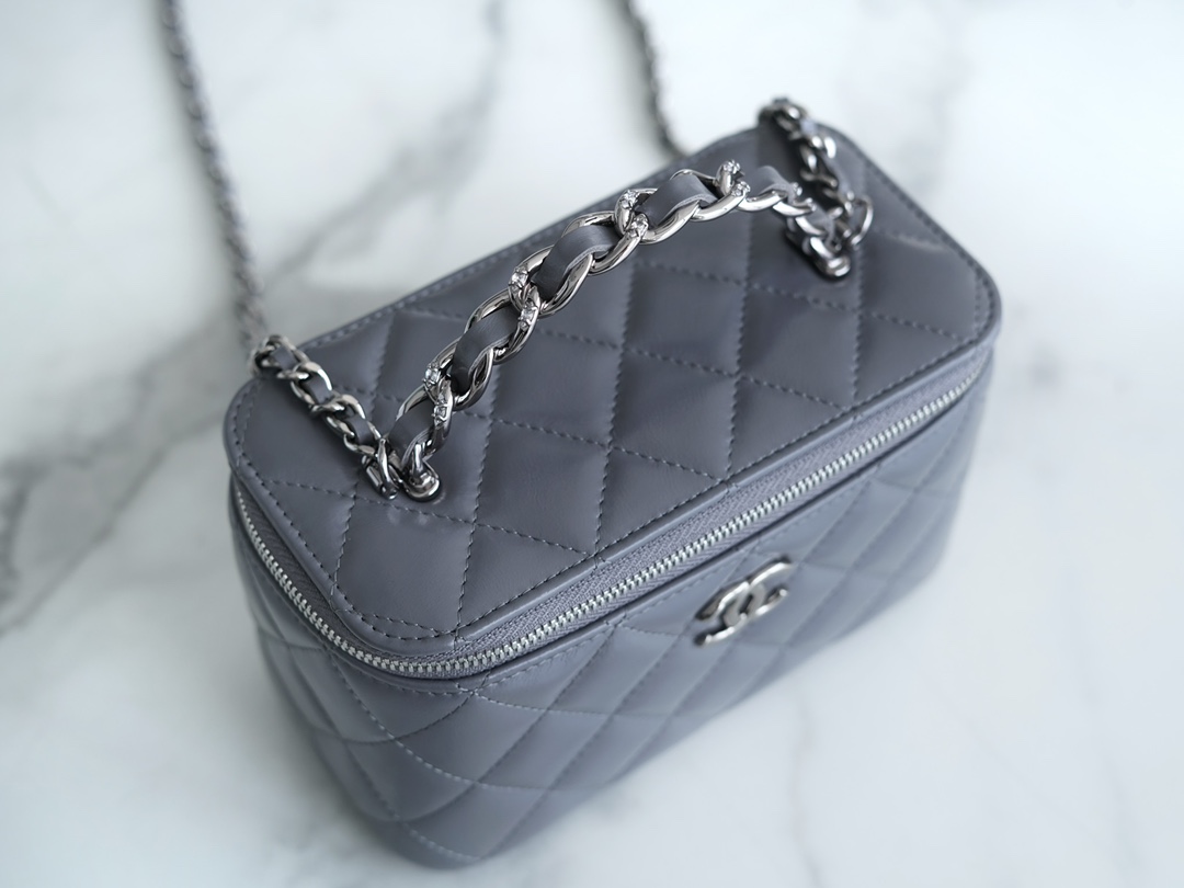 CHANEL 23K Rhinestone Handle Long Box Deep Grey Lambskin  