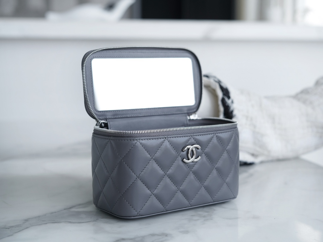 CHANEL 23K Rhinestone Handle Long Box Deep Grey Lambskin  