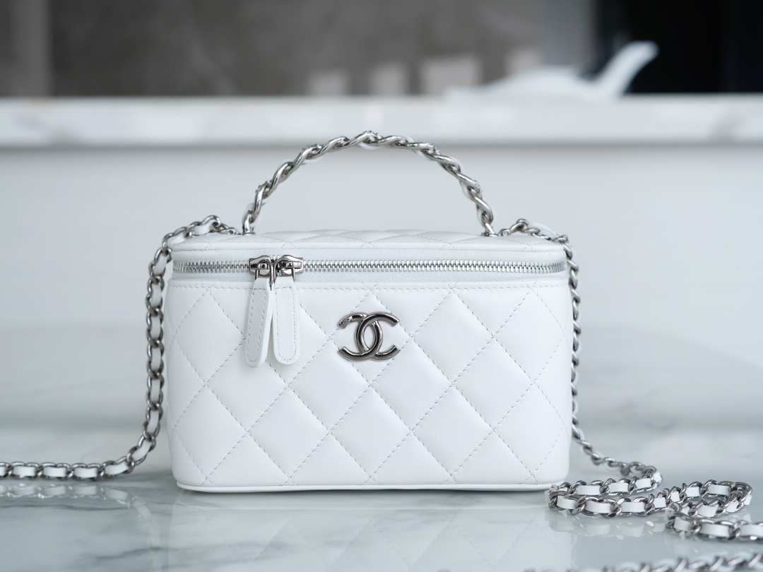 CHANEL 23K Rhinestone Handle Long Box White Lambskin  