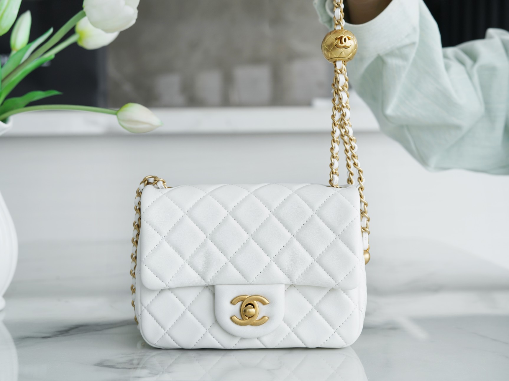 Chanel 23C Metal Ball Square Fatty White  