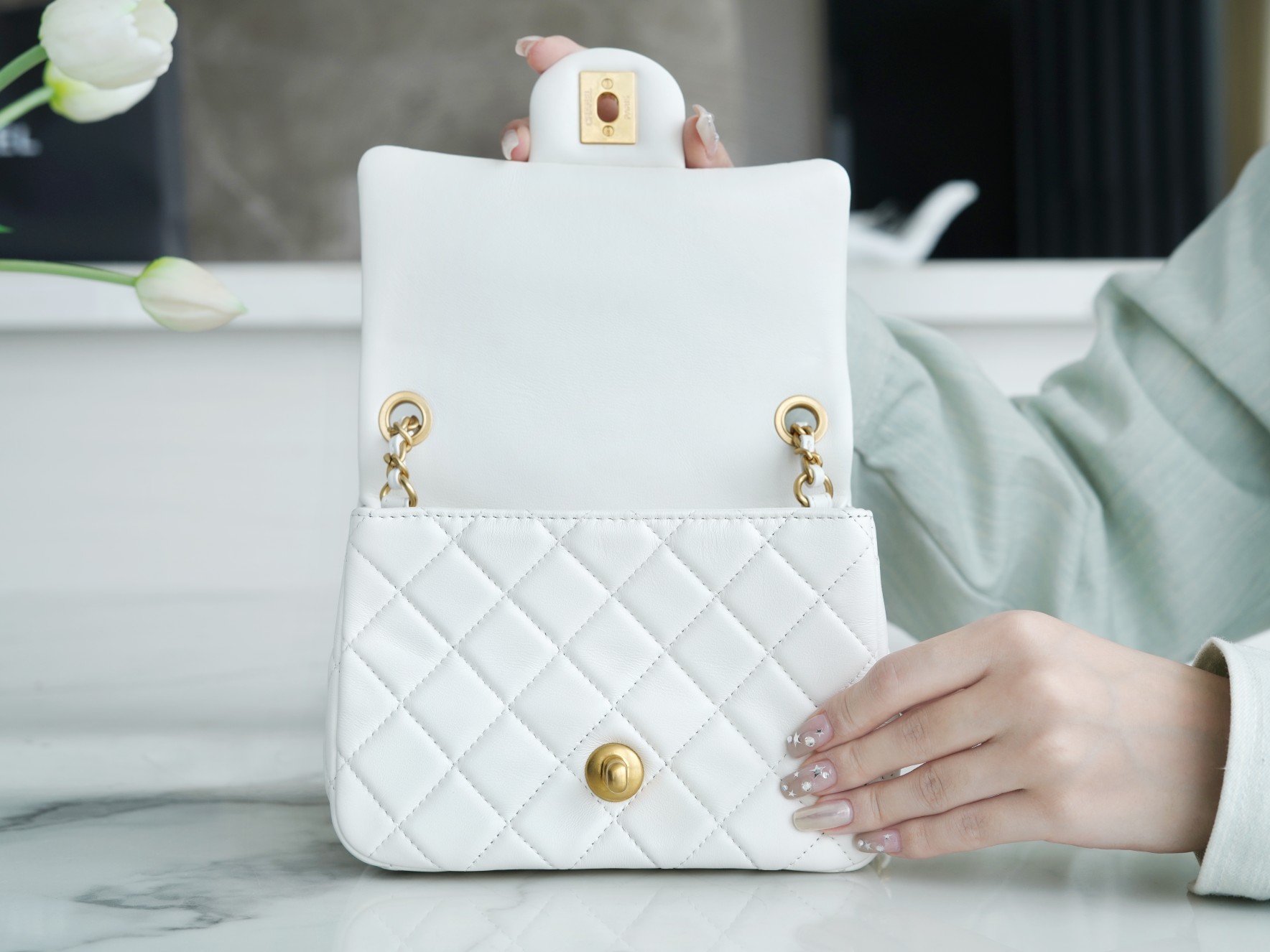 Chanel 23C Metal Ball Square Fatty White  