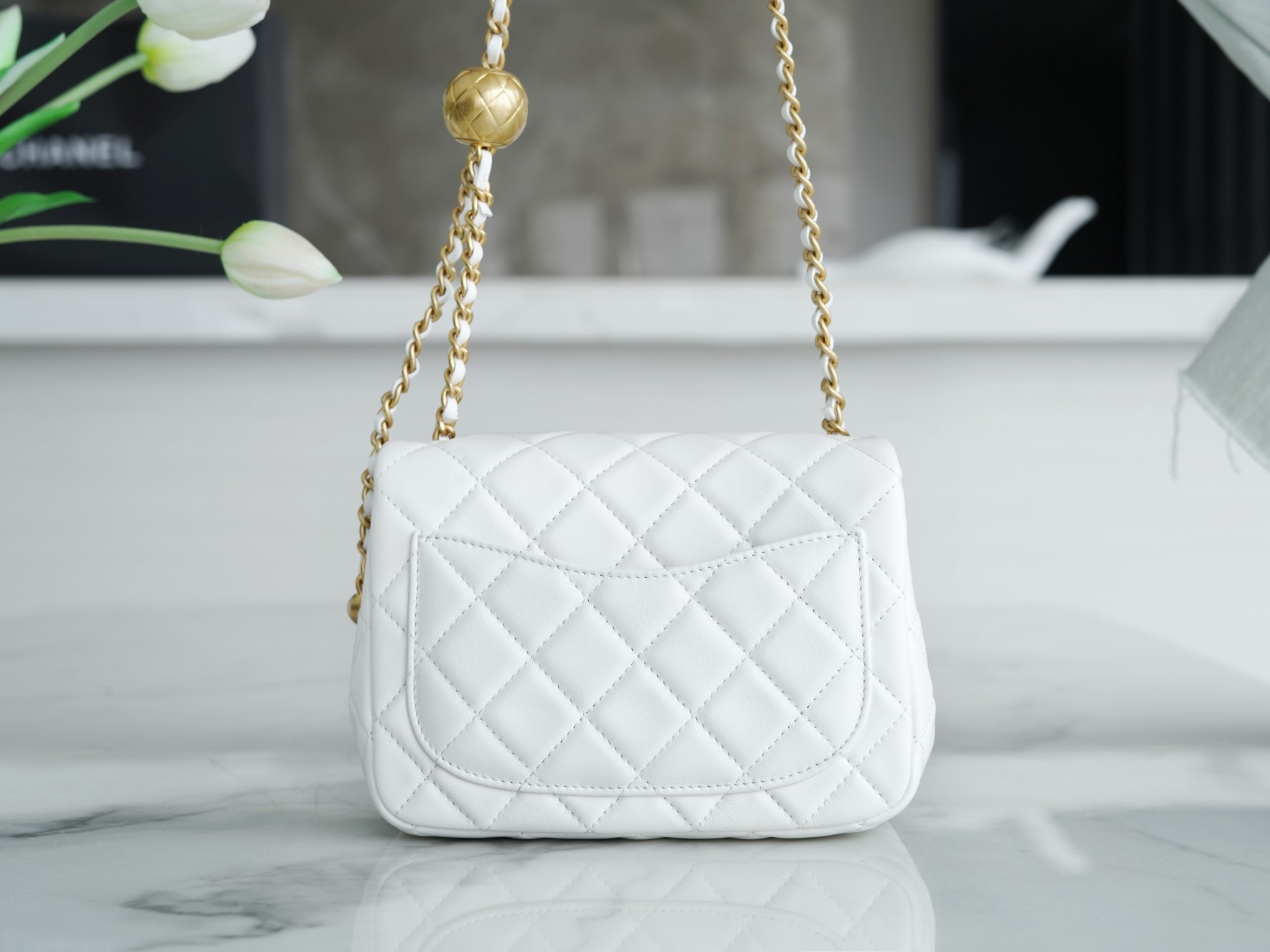 Chanel 23C Metal Ball Square Fatty White  