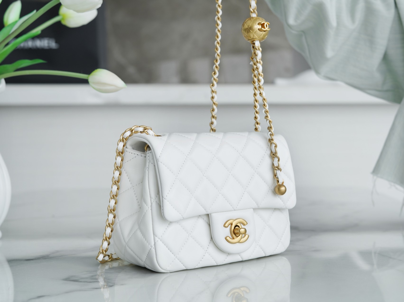 Chanel 23C Metal Ball Square Fatty White  