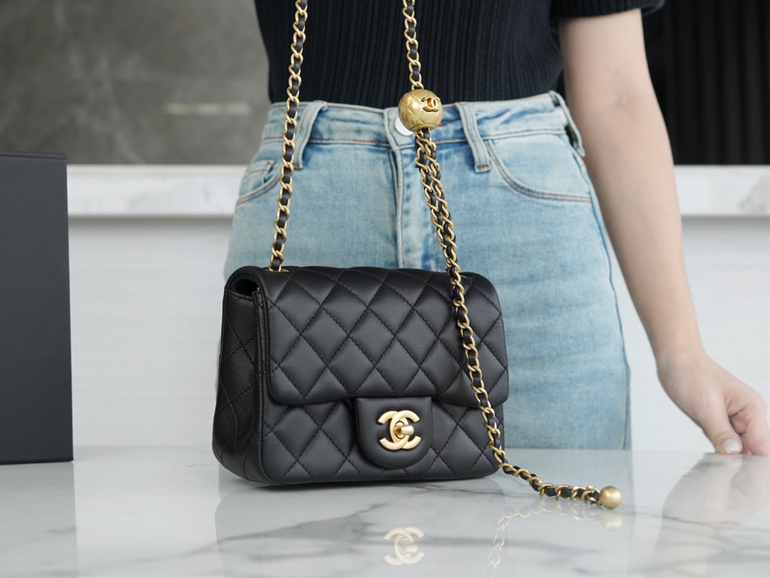 Chanel 23K Metal Ball Square Fatty Black  