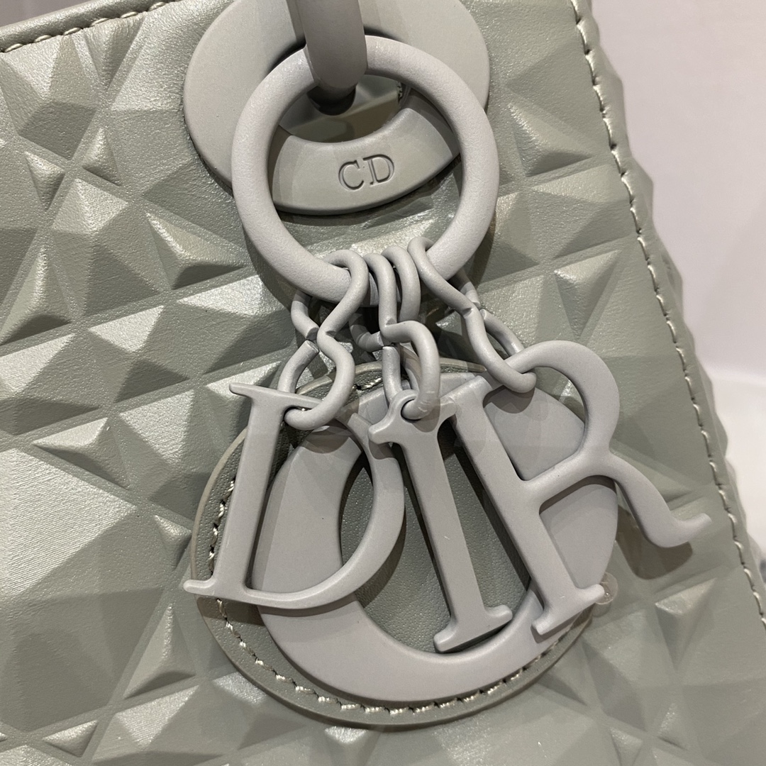 Lady Dior: 3-grid Matte Grey Diamond Lattice, Embossed Cowhide, Matte Hardware, Size: 17cm  