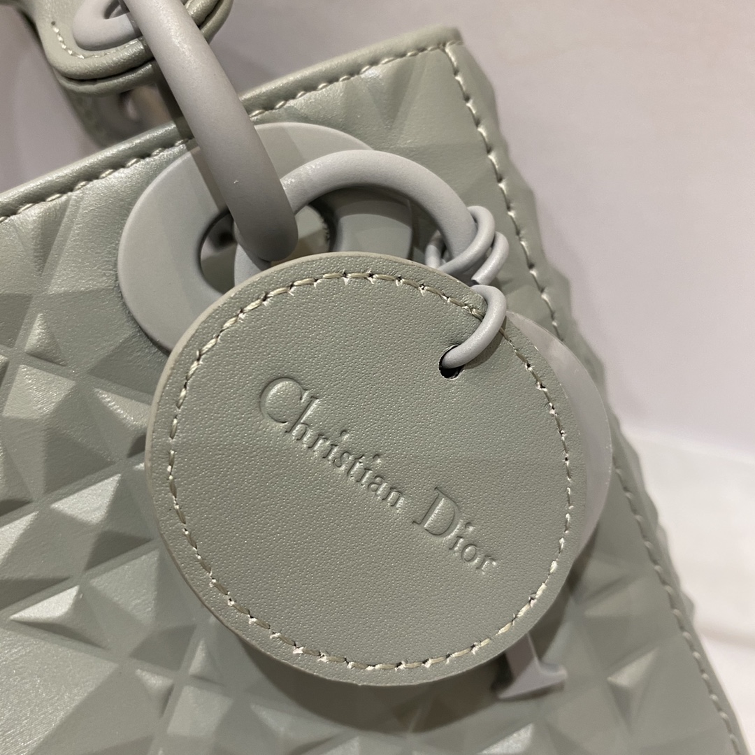 Lady Dior: 3-grid Matte Grey Diamond Lattice, Embossed Cowhide, Matte Hardware, Size: 17cm  