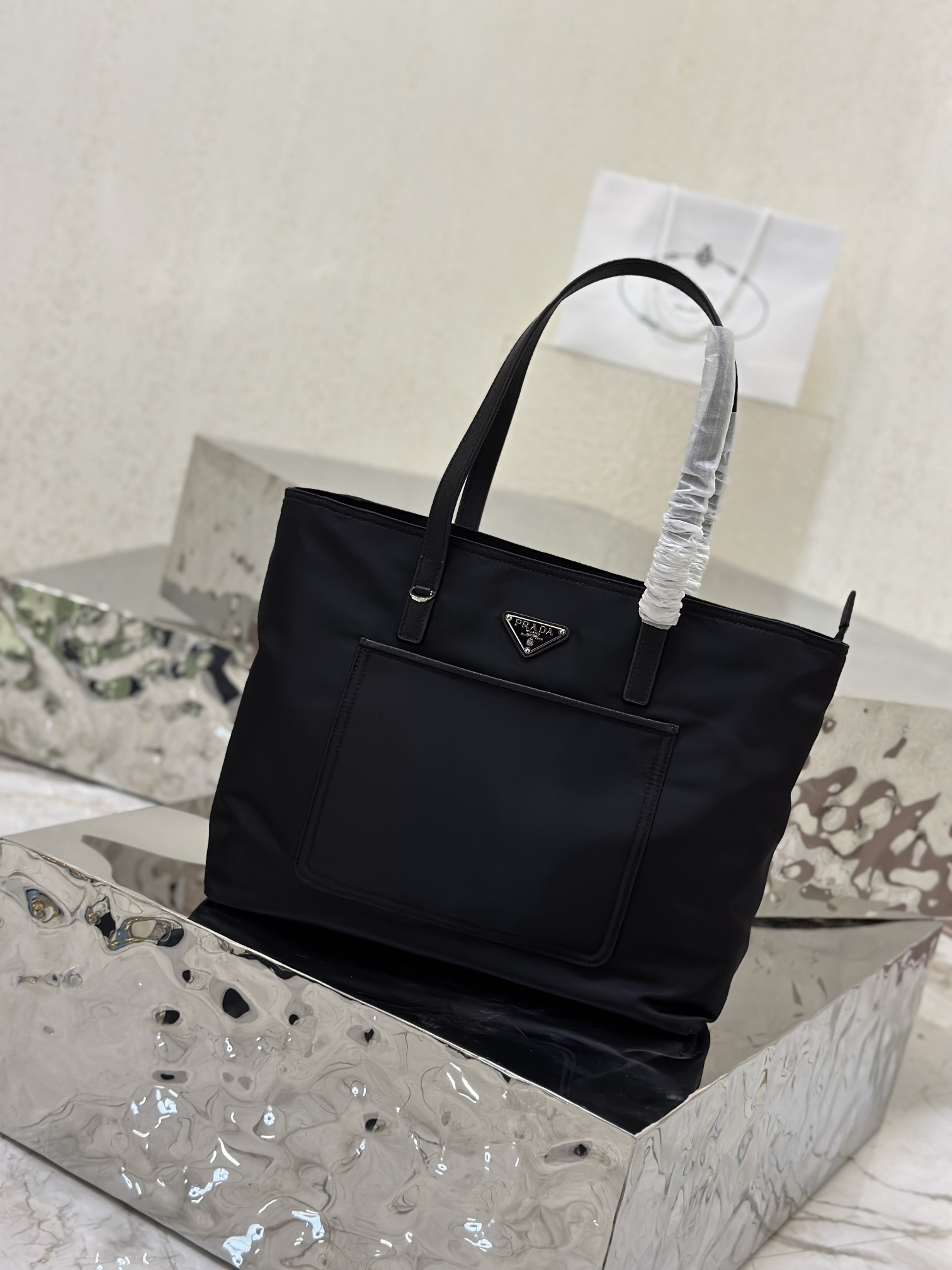 One-Shoulder Nylon Tote Bag with Saffiano Leather Long Handles, Style Number: 1BG052