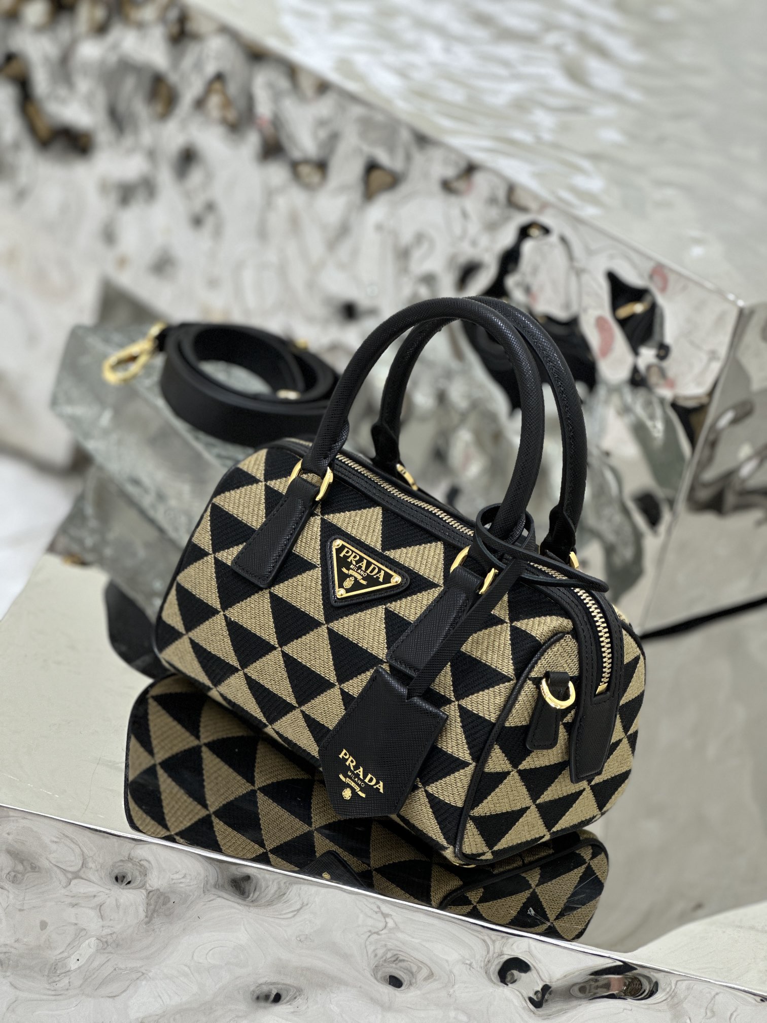 Embroidered Fabric Bag with Imported Saffiano Leather and Unique Embroidered Fabric, Style Number: 1BB846