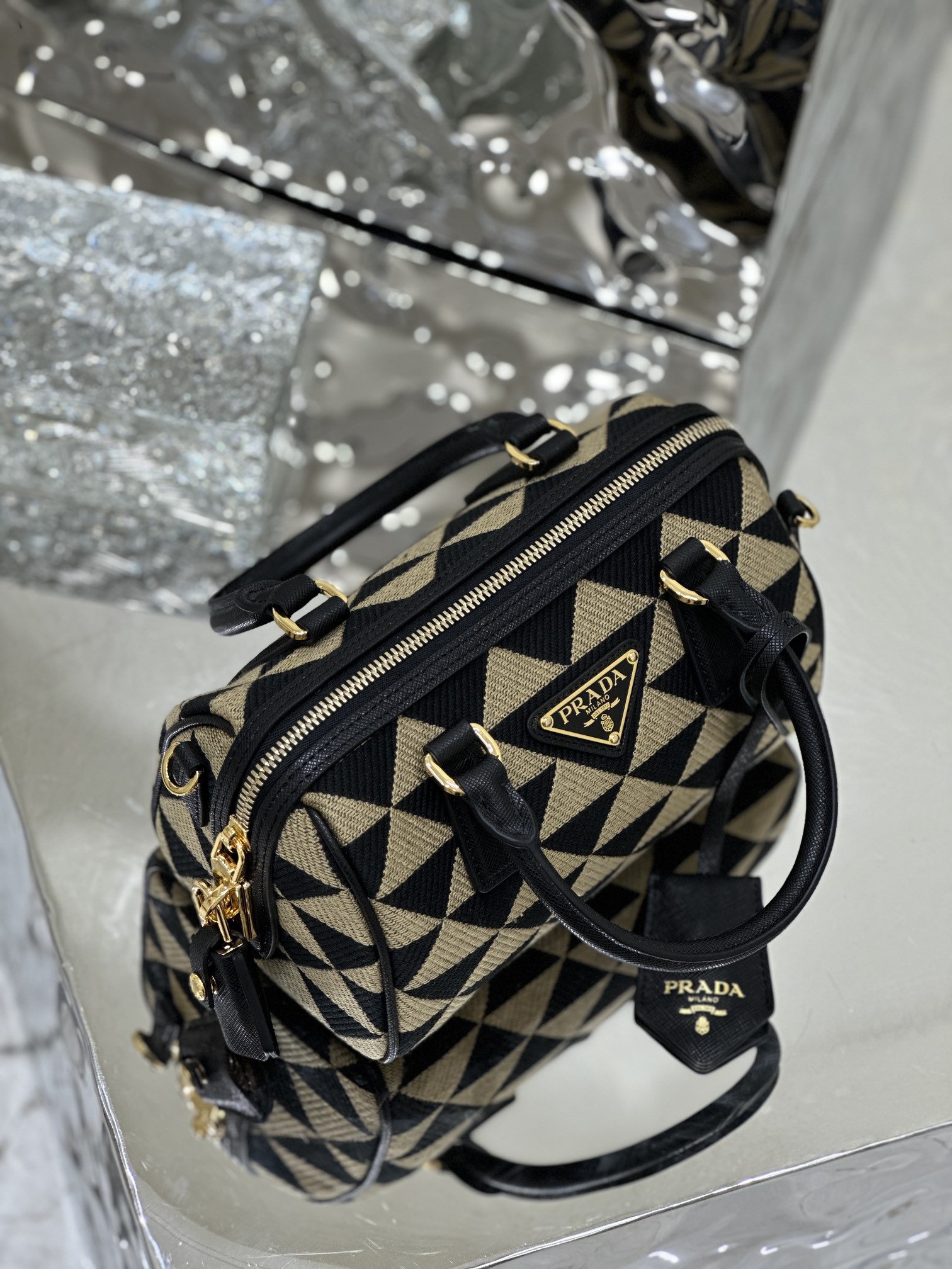 Embroidered Fabric Bag with Imported Saffiano Leather and Unique Embroidered Fabric, Style Number: 1BB846