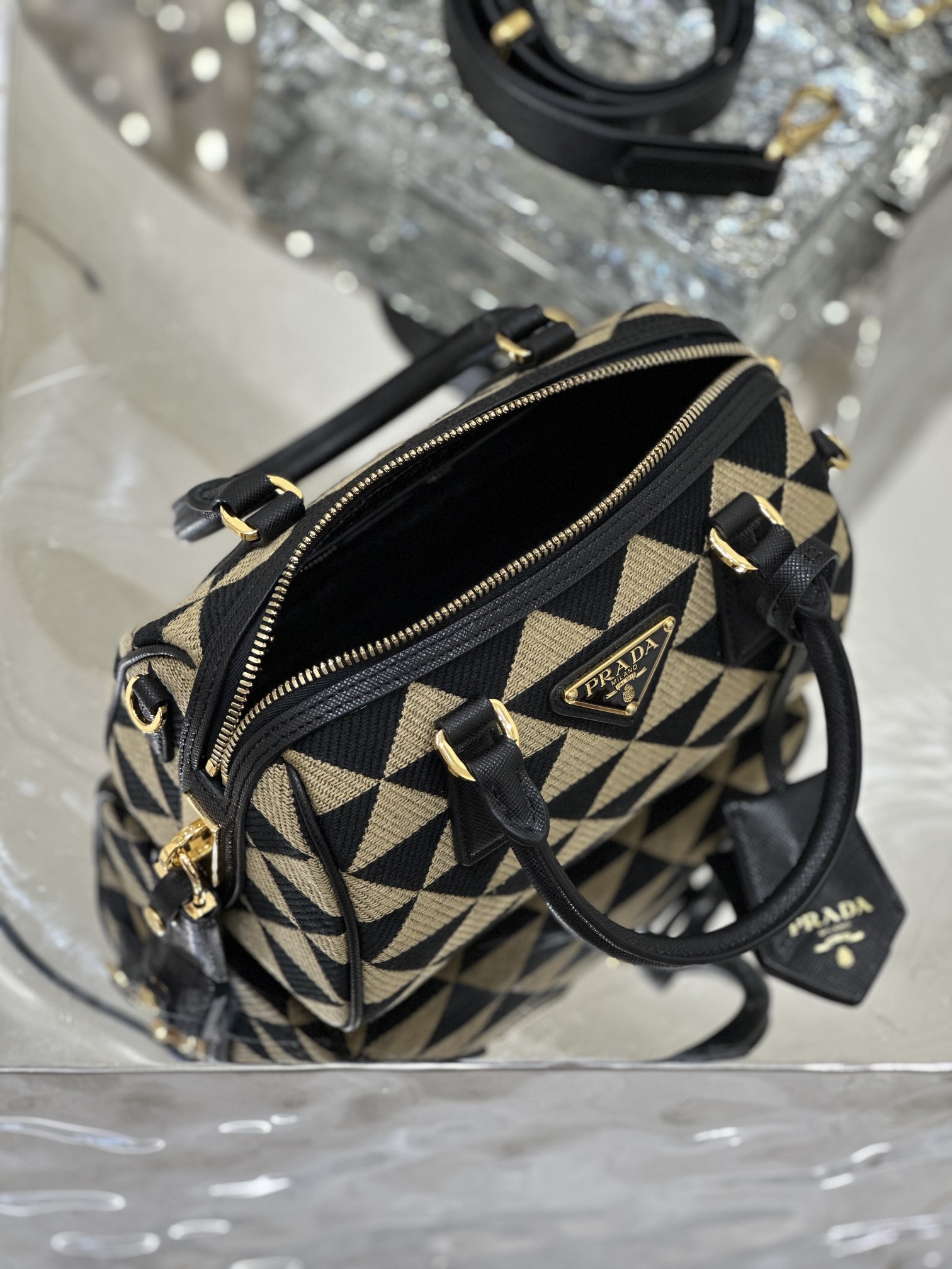 Embroidered Fabric Bag with Imported Saffiano Leather and Unique Embroidered Fabric, Style Number: 1BB846