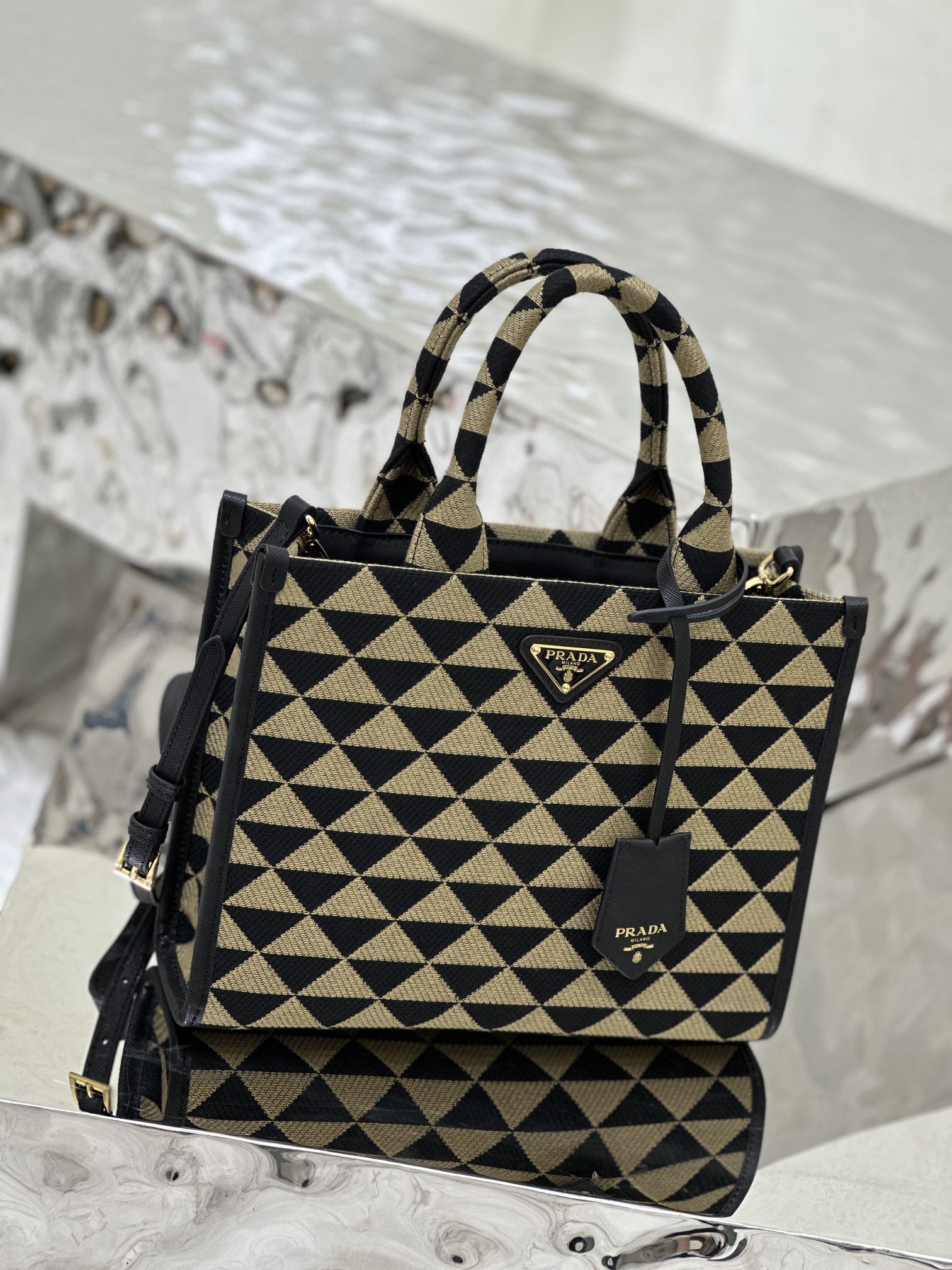 Embroidered Fabric Tote Bag (Medium Size) with Imported Saffiano Leather and Unique Embroidered Fabric, Style Number: 1BA354