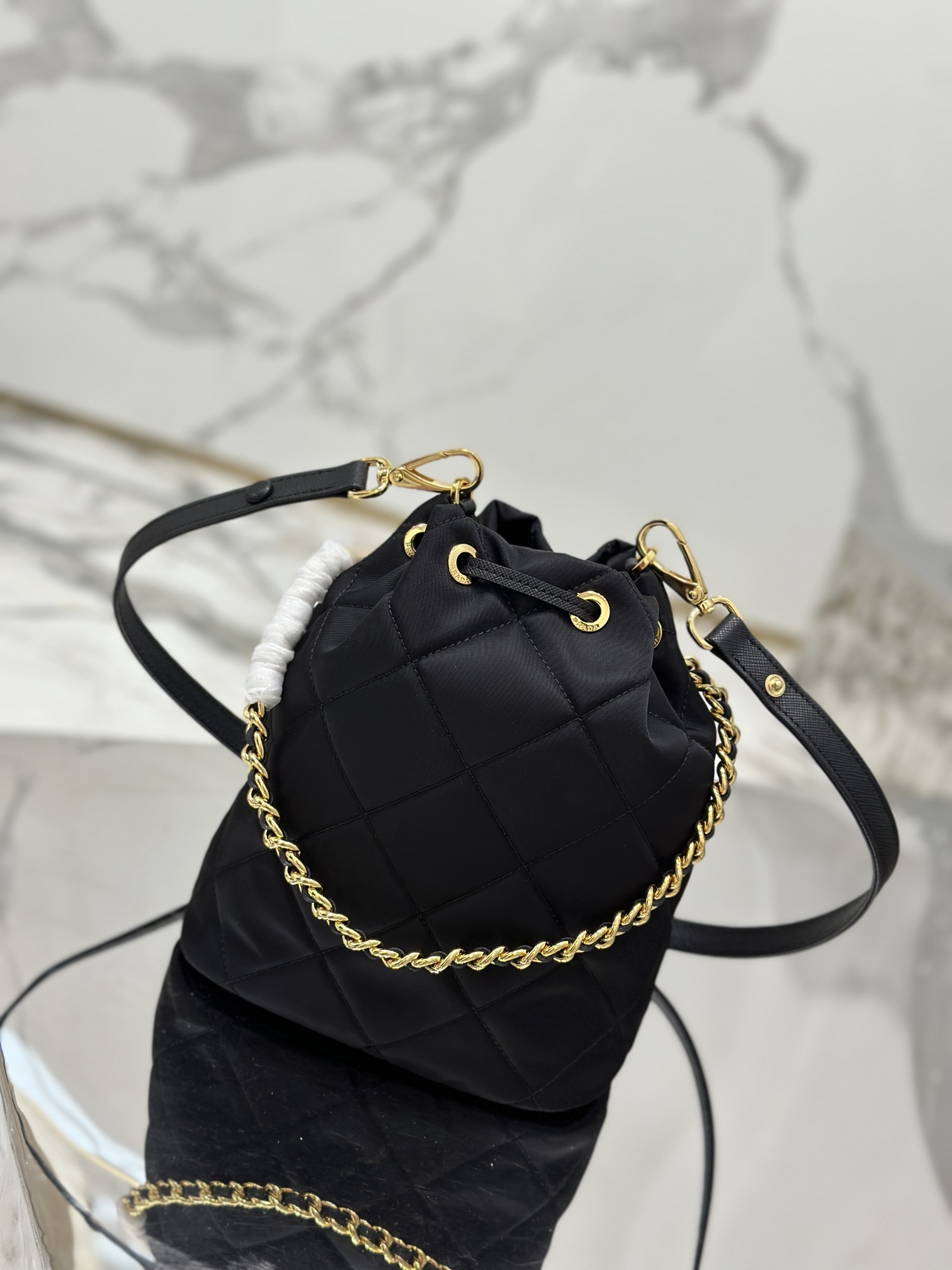 Diamond Grid Bucket Bag - Re-Nylon Recycled Nylon Single Shoulder Bag, Style No: 1BH038