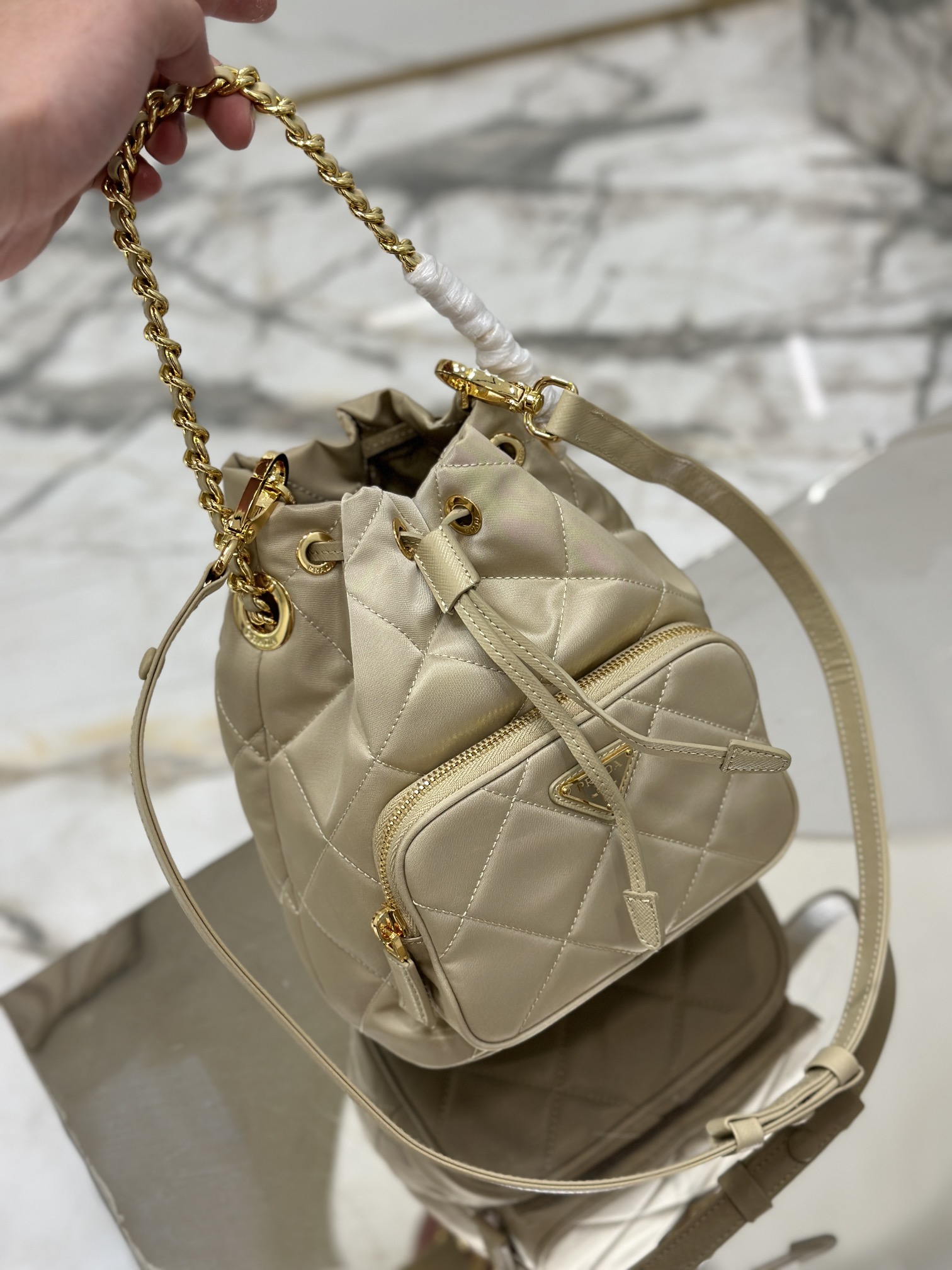 Diamond Grid Bucket Bag - Re-Nylon Recycled Nylon Single Shoulder Bag, Style No: 1BH038