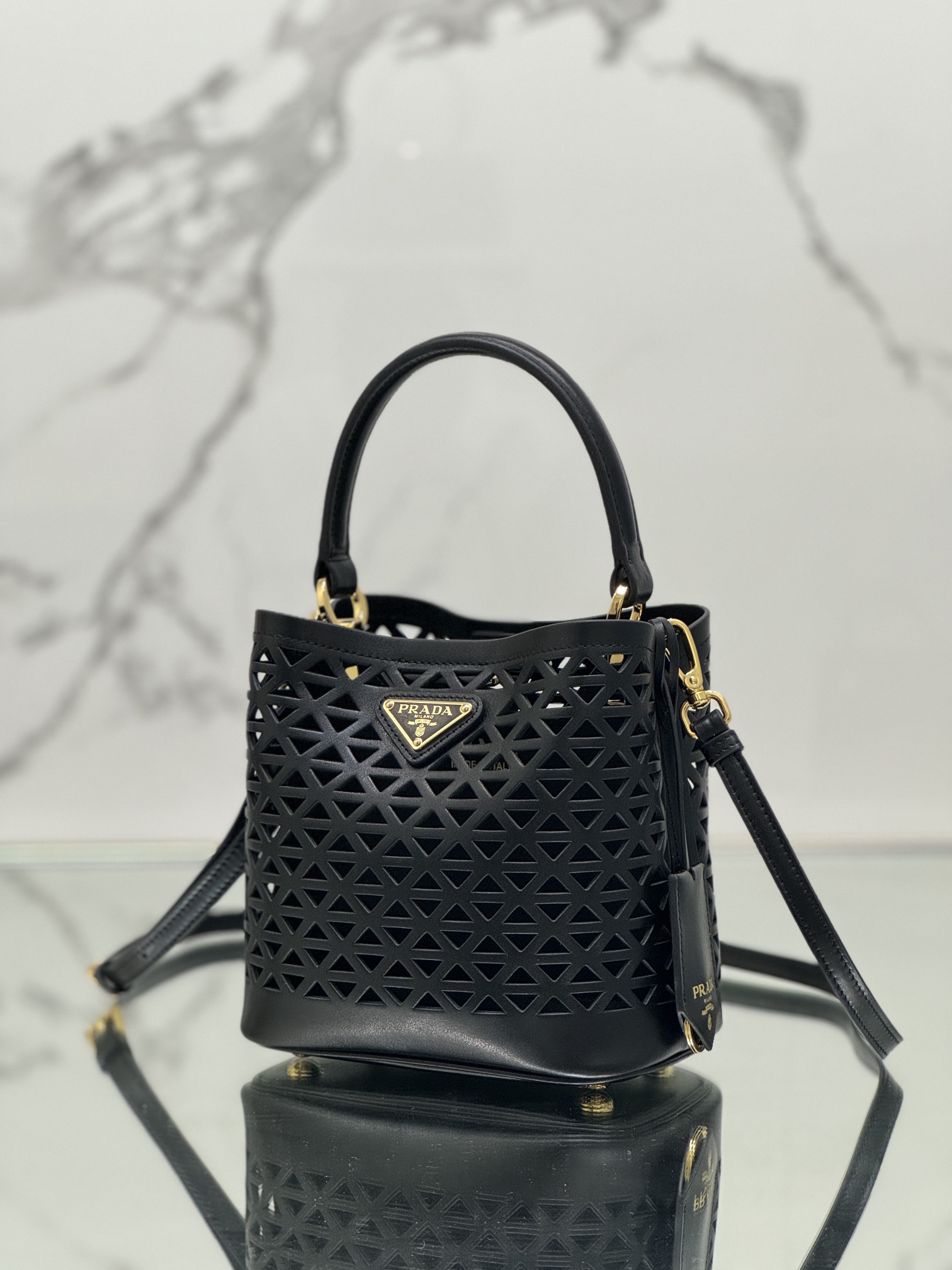 Hollow Barrel Bag "Elf" Saffiano Perforated Calfskin, Style No: 1BA217