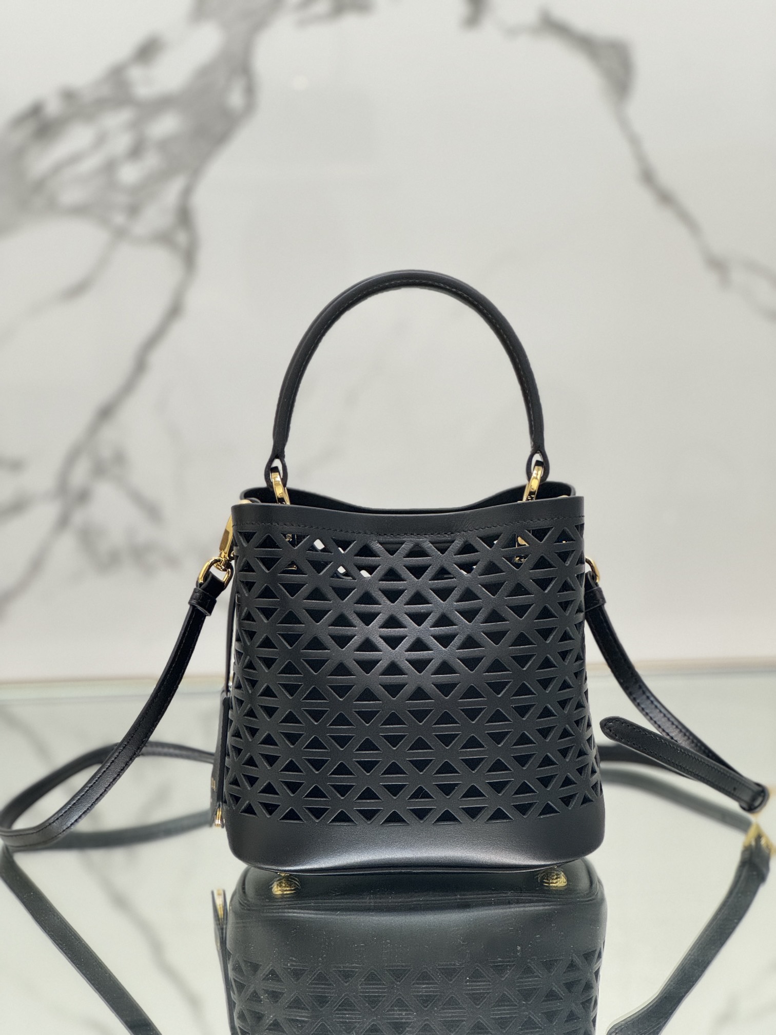 Hollow Barrel Bag "Elf" Saffiano Perforated Calfskin, Style No: 1BA217