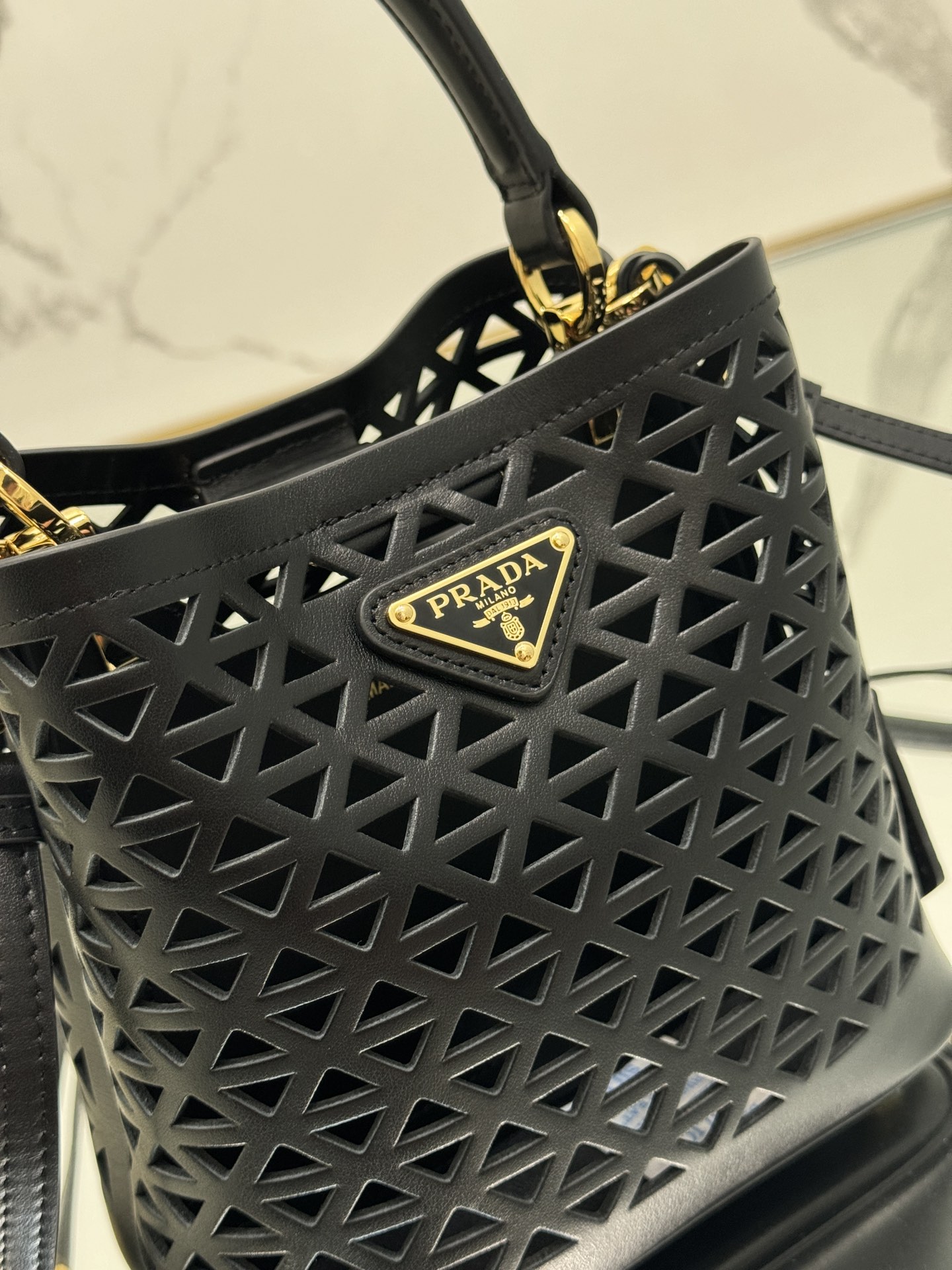 Hollow Barrel Bag "Elf" Saffiano Perforated Calfskin, Style No: 1BA217