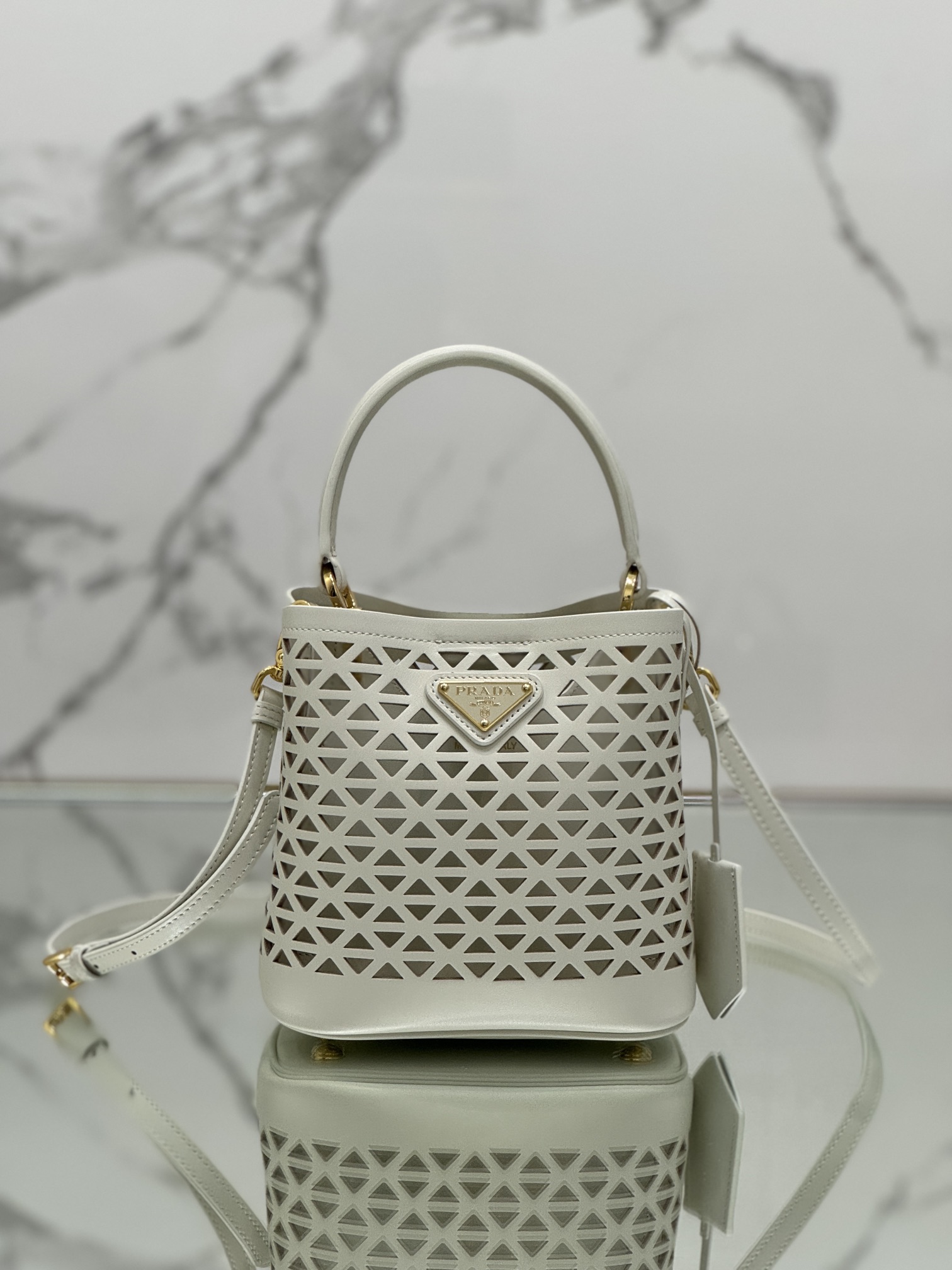 Hollow Barrel Bag "Elf" Saffiano Perforated Calfskin, Style No: 1BA217