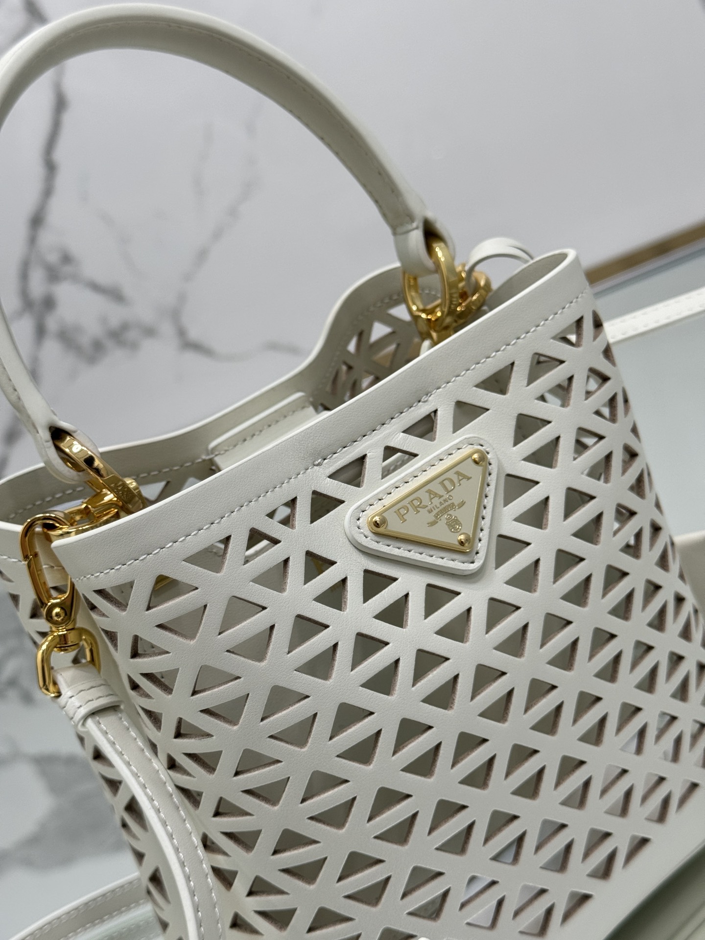 Hollow Barrel Bag "Elf" Saffiano Perforated Calfskin, Style No: 1BA217