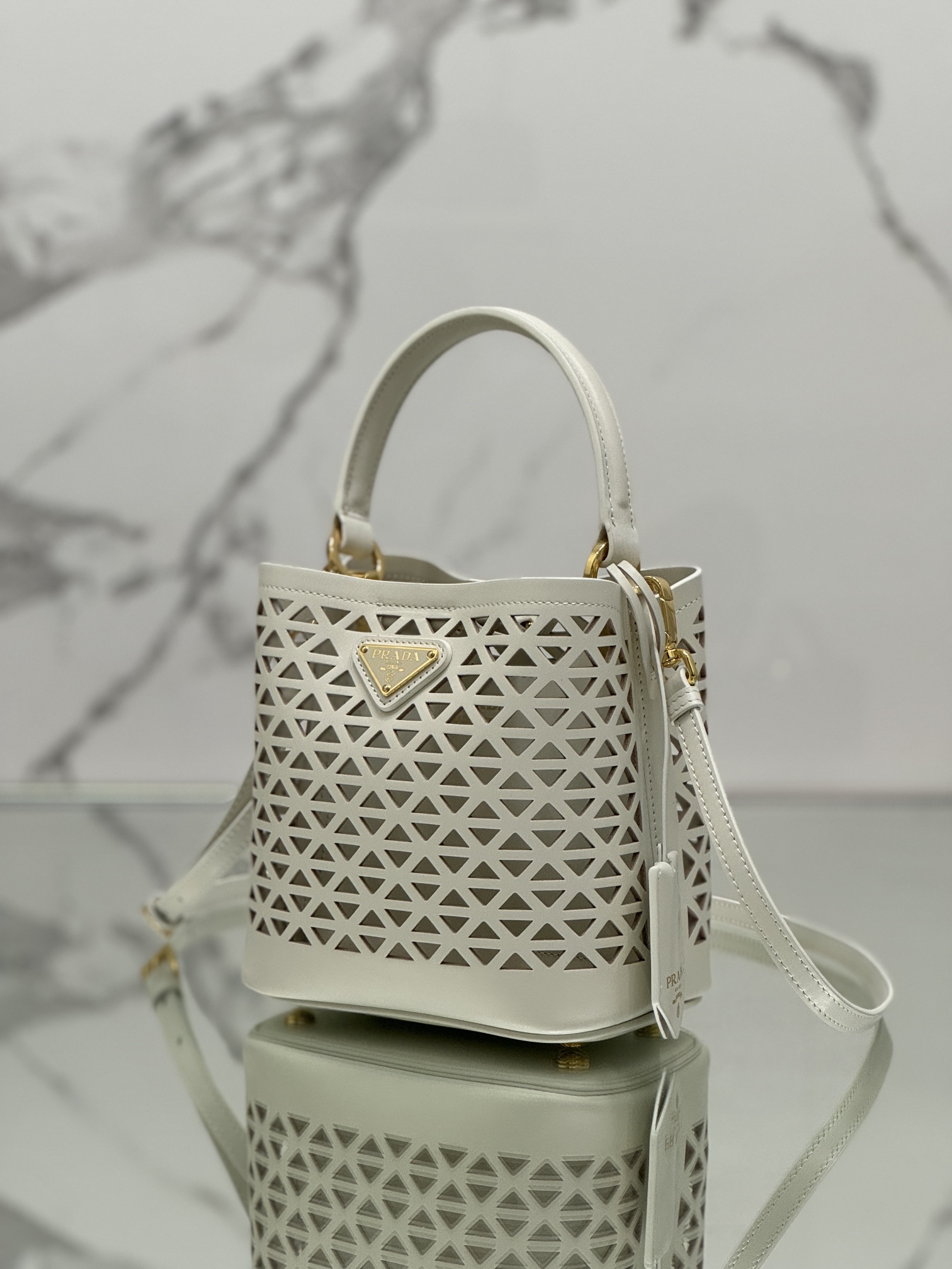 Hollow Barrel Bag "Elf" Saffiano Perforated Calfskin, Style No: 1BA217