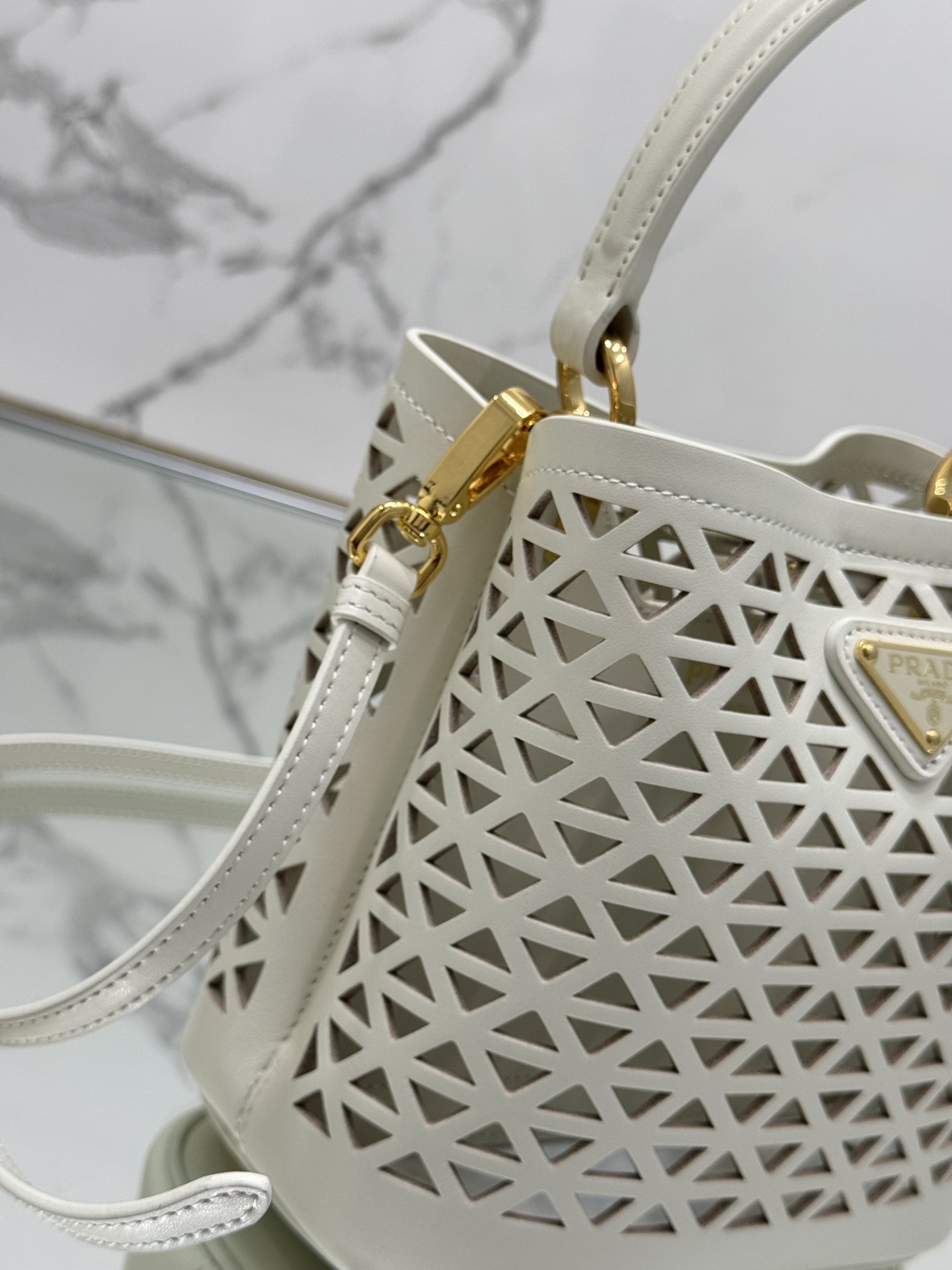 Hollow Barrel Bag "Elf" Saffiano Perforated Calfskin, Style No: 1BA217