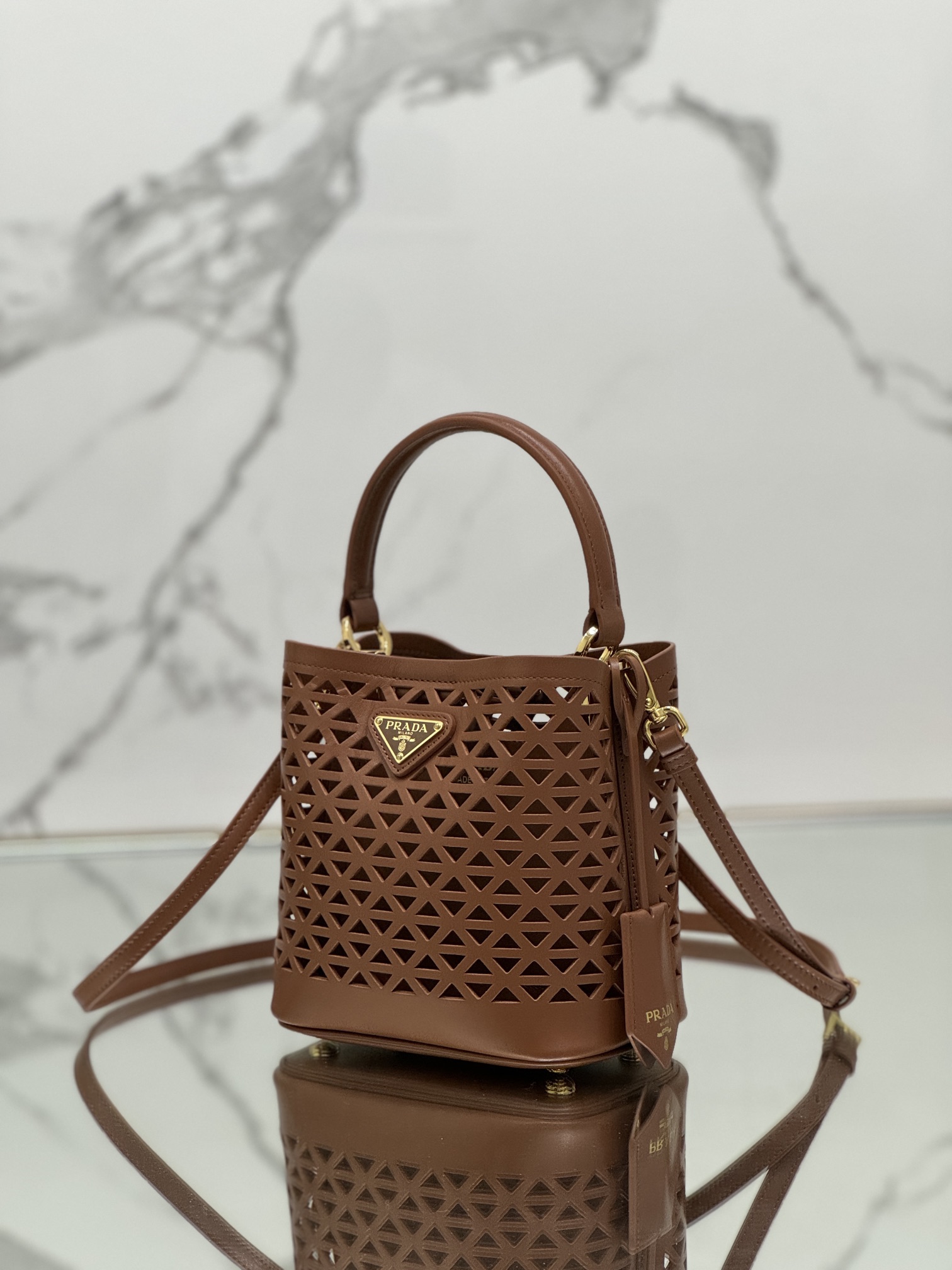 Hollow Barrel Bag "Elf" Saffiano Perforated Calfskin, Style No: 1BA217