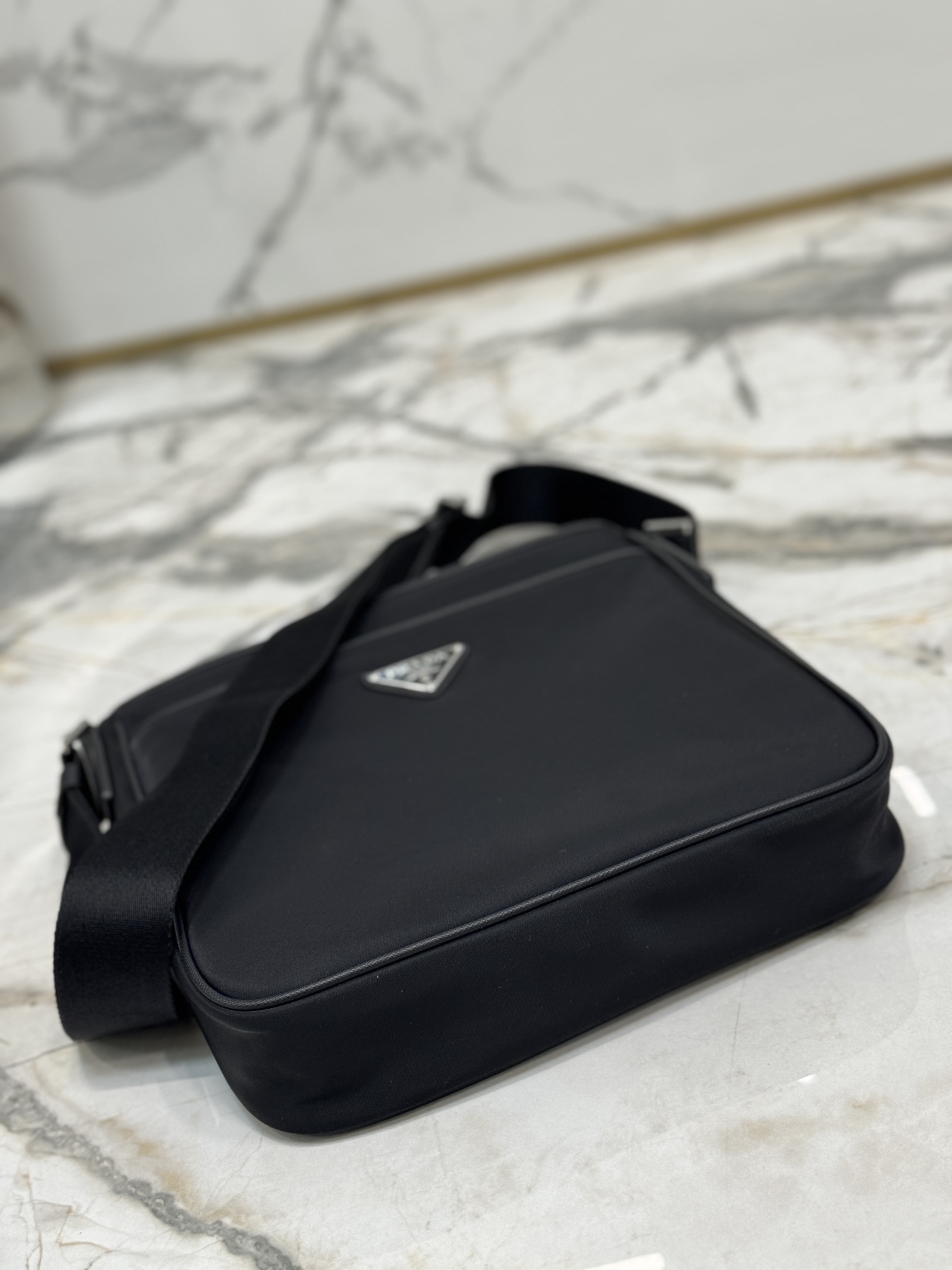 Men's Single Shoulder Bag Made with Saffiano Leather and Re-Nylon Recycled Nylon, Style No: 2VD799