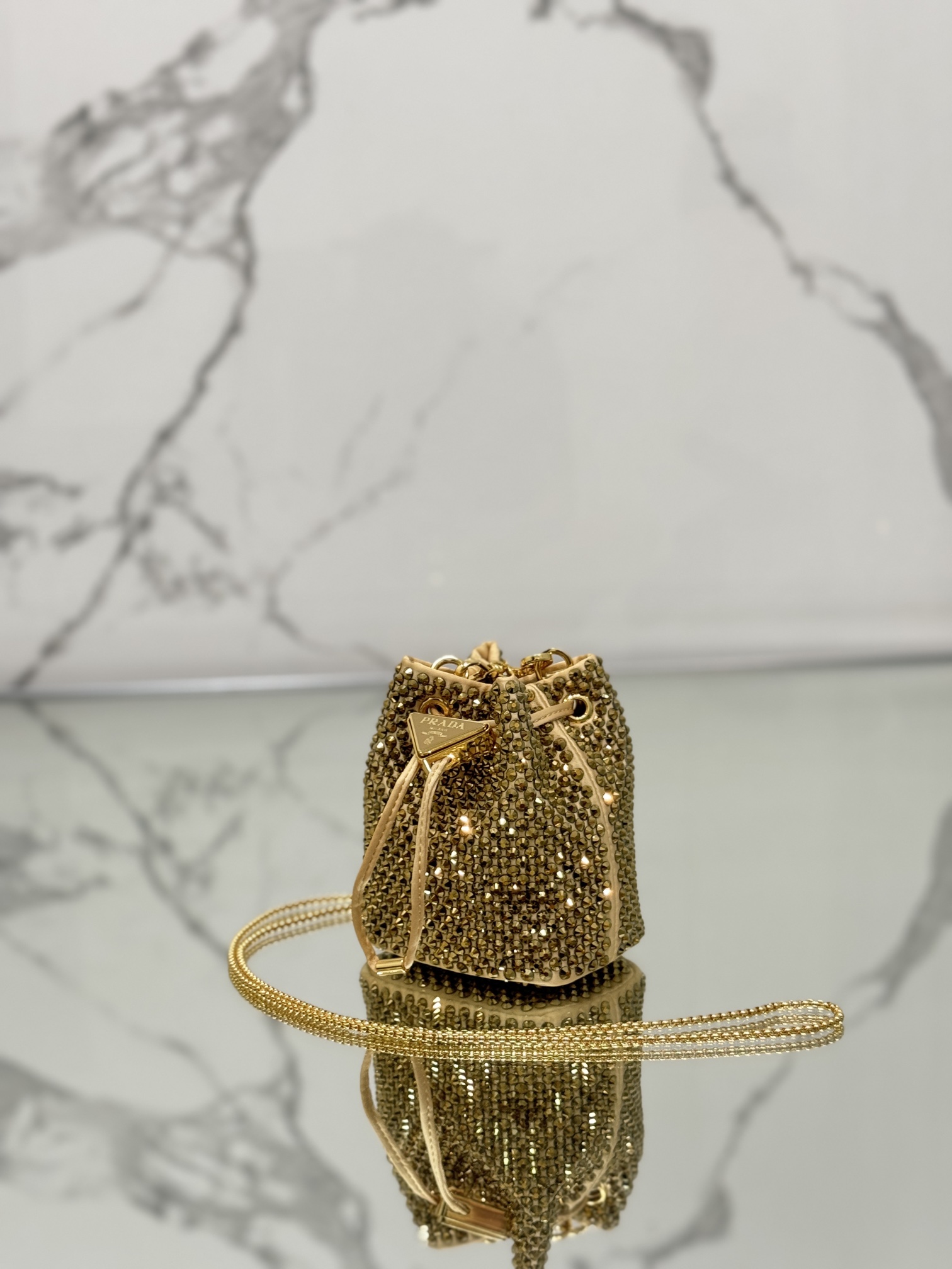 Crystal Mini Bucket Bag Made of Crystal and Satin Materials, Style No: 1NR016