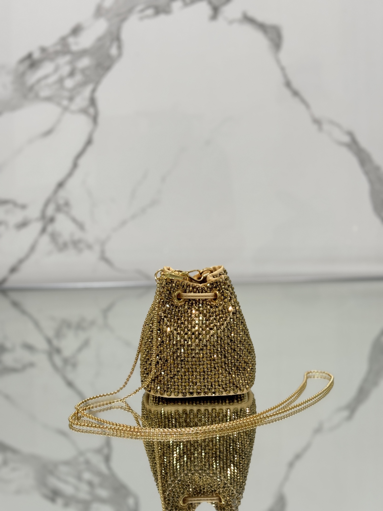 Crystal Mini Bucket Bag Made of Crystal and Satin Materials, Style No: 1NR016