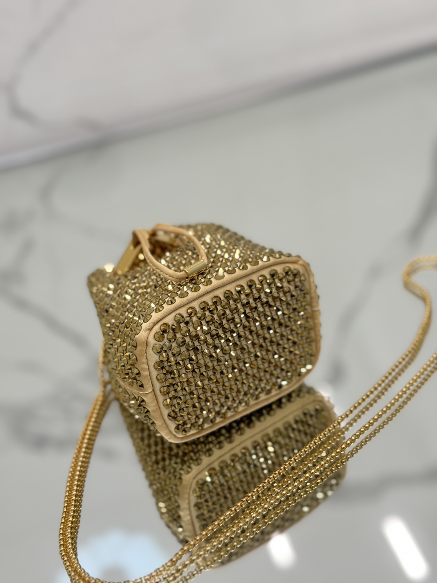 Crystal Mini Bucket Bag Made of Crystal and Satin Materials, Style No: 1NR016