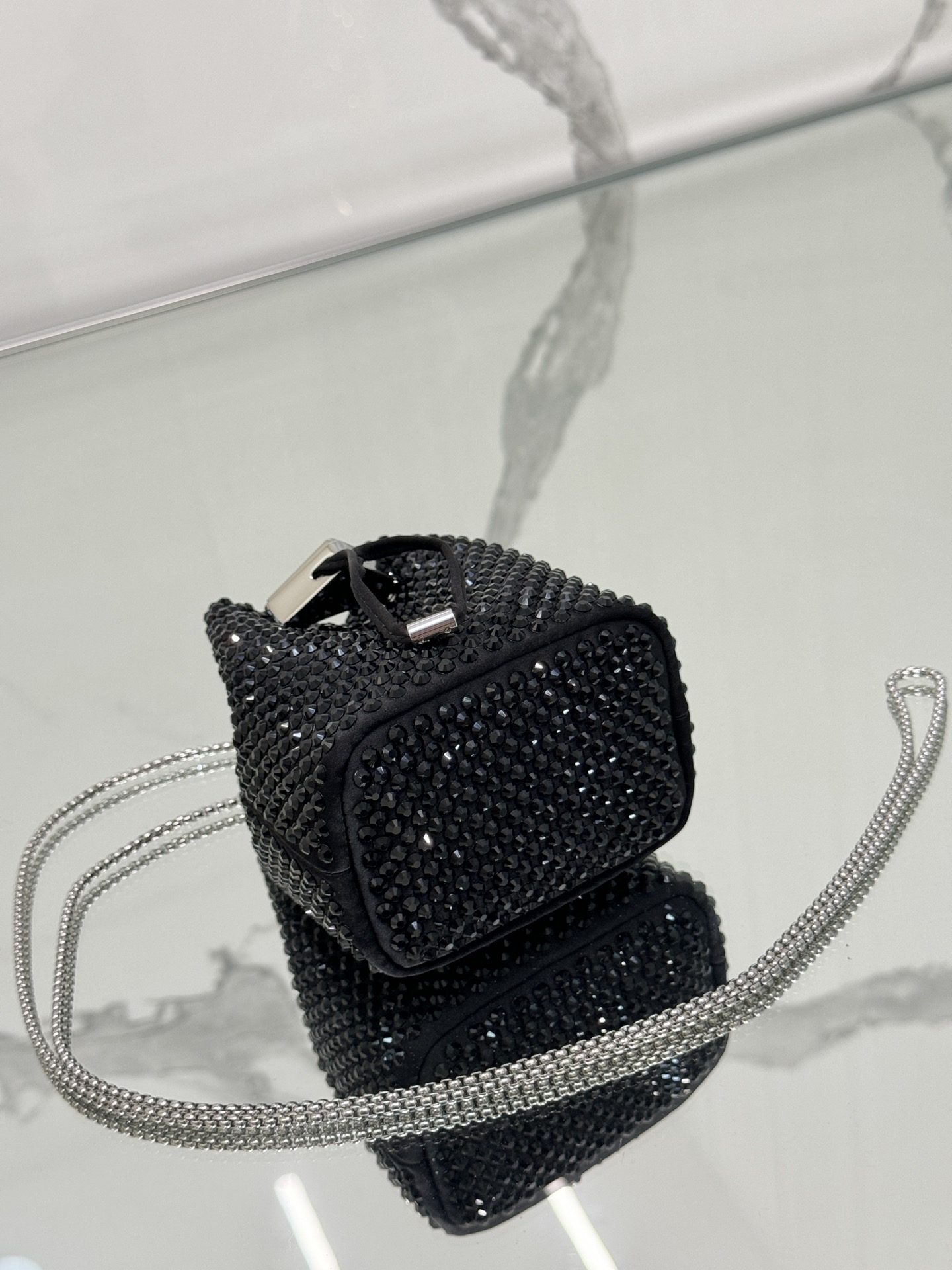 Crystal Mini Bucket Bag Made of Crystal and Satin Materials, Style No: 1NR016