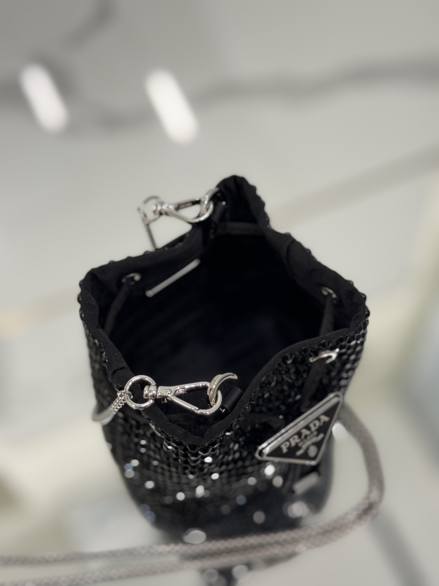 Crystal Mini Bucket Bag Made of Crystal and Satin Materials, Style No: 1NR016