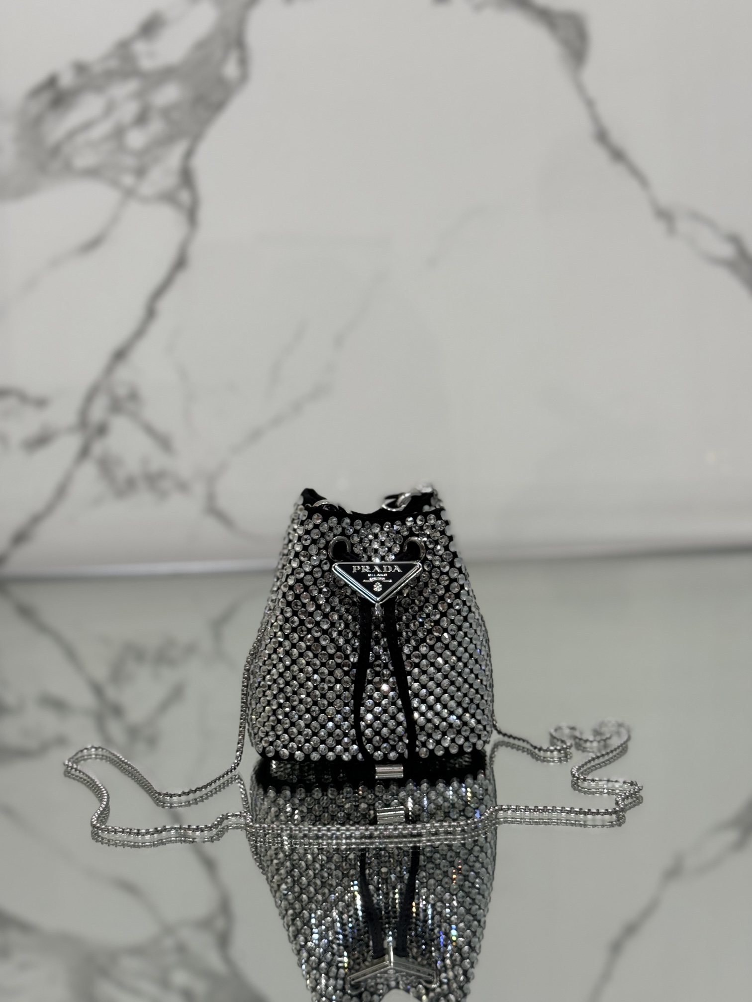 Crystal Mini Bucket Bag Made of Crystal and Satin Materials, Style No: 1NR016