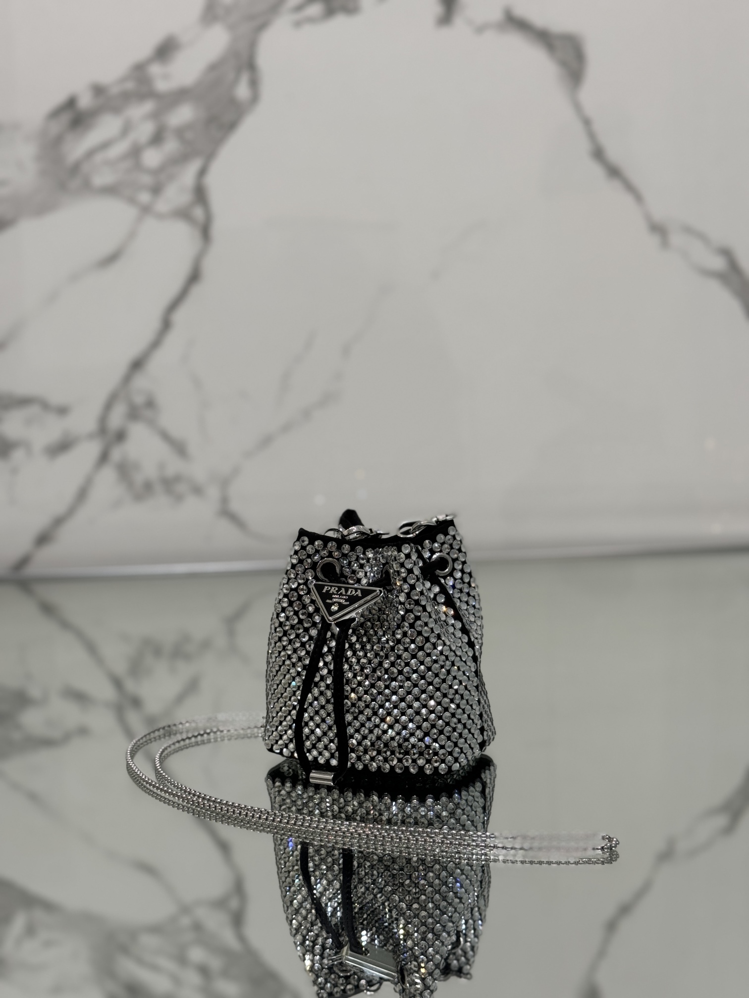 Crystal Mini Bucket Bag Made of Crystal and Satin Materials, Style No: 1NR016