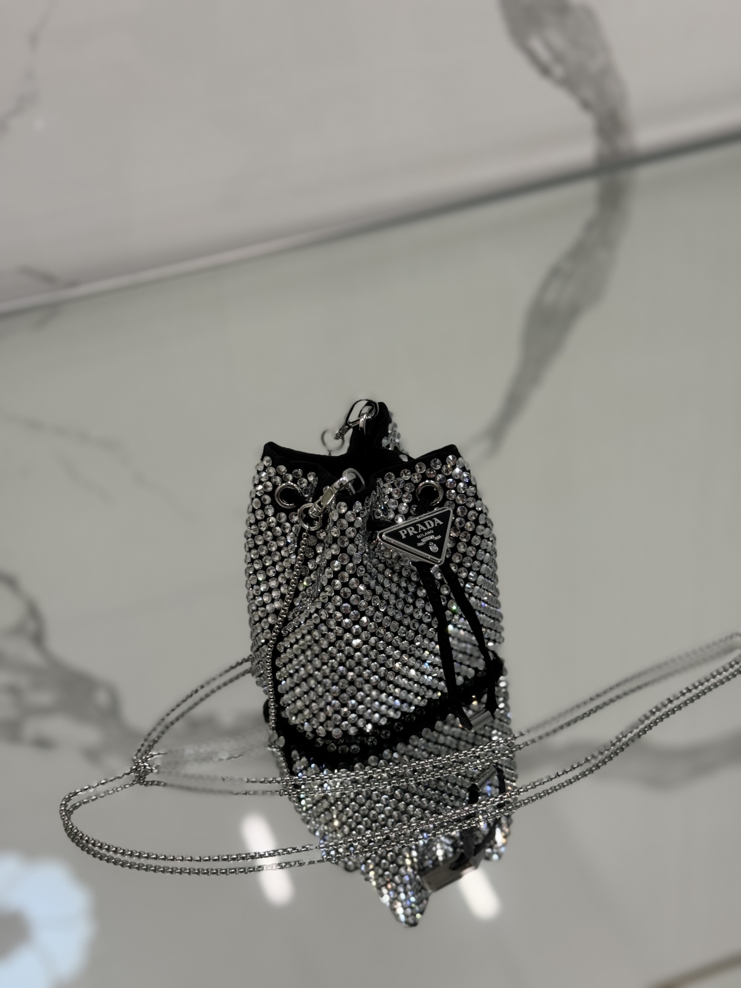 Crystal Mini Bucket Bag Made of Crystal and Satin Materials, Style No: 1NR016