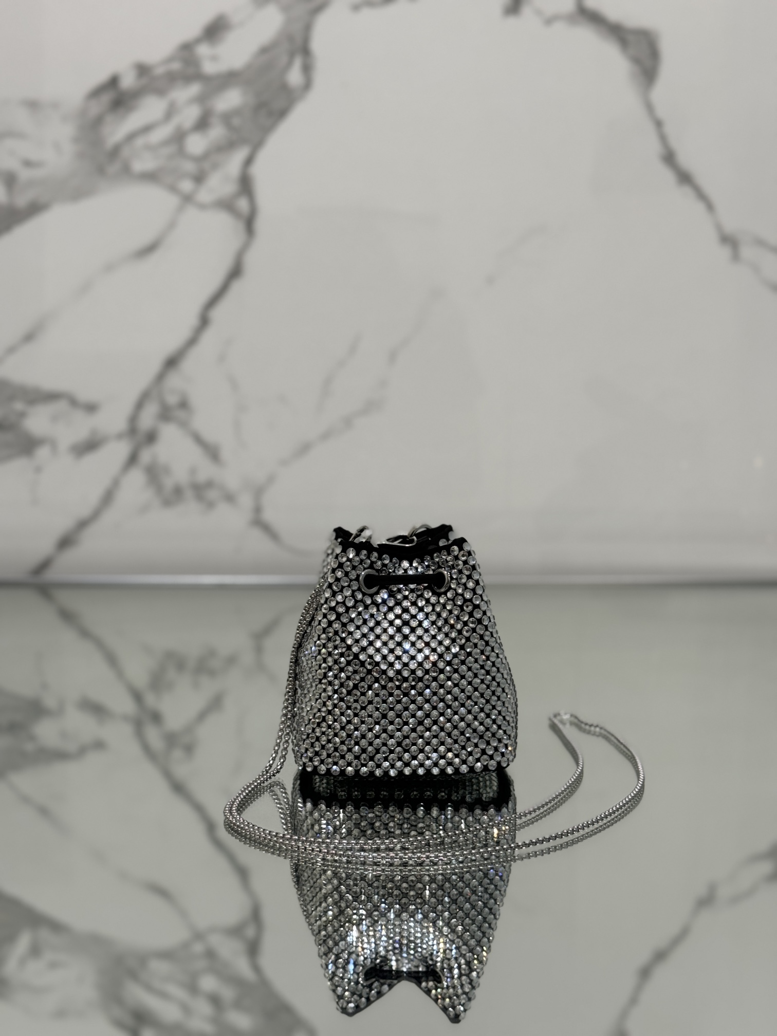 Crystal Mini Bucket Bag Made of Crystal and Satin Materials, Style No: 1NR016