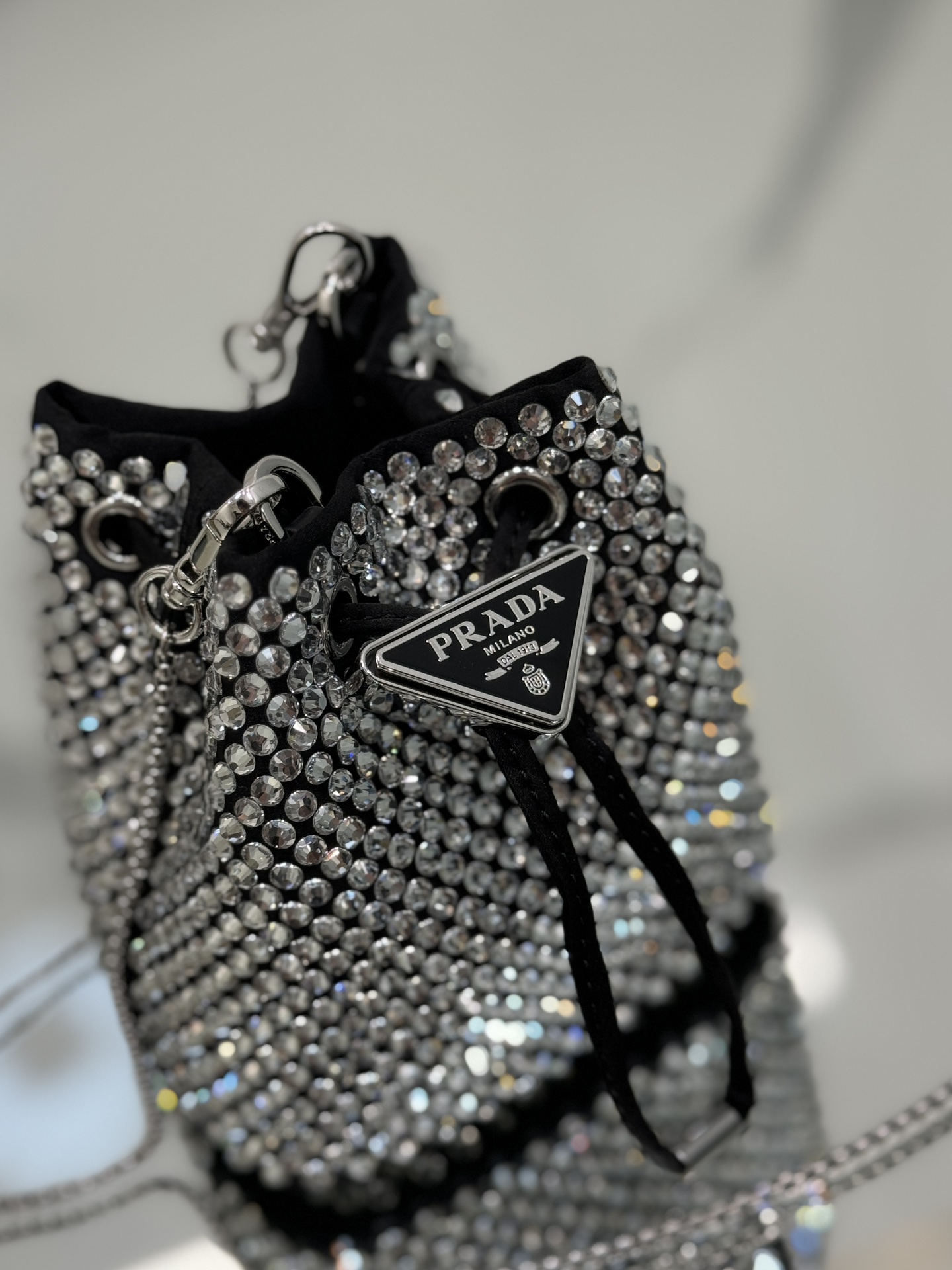 Crystal Mini Bucket Bag Made of Crystal and Satin Materials, Style No: 1NR016